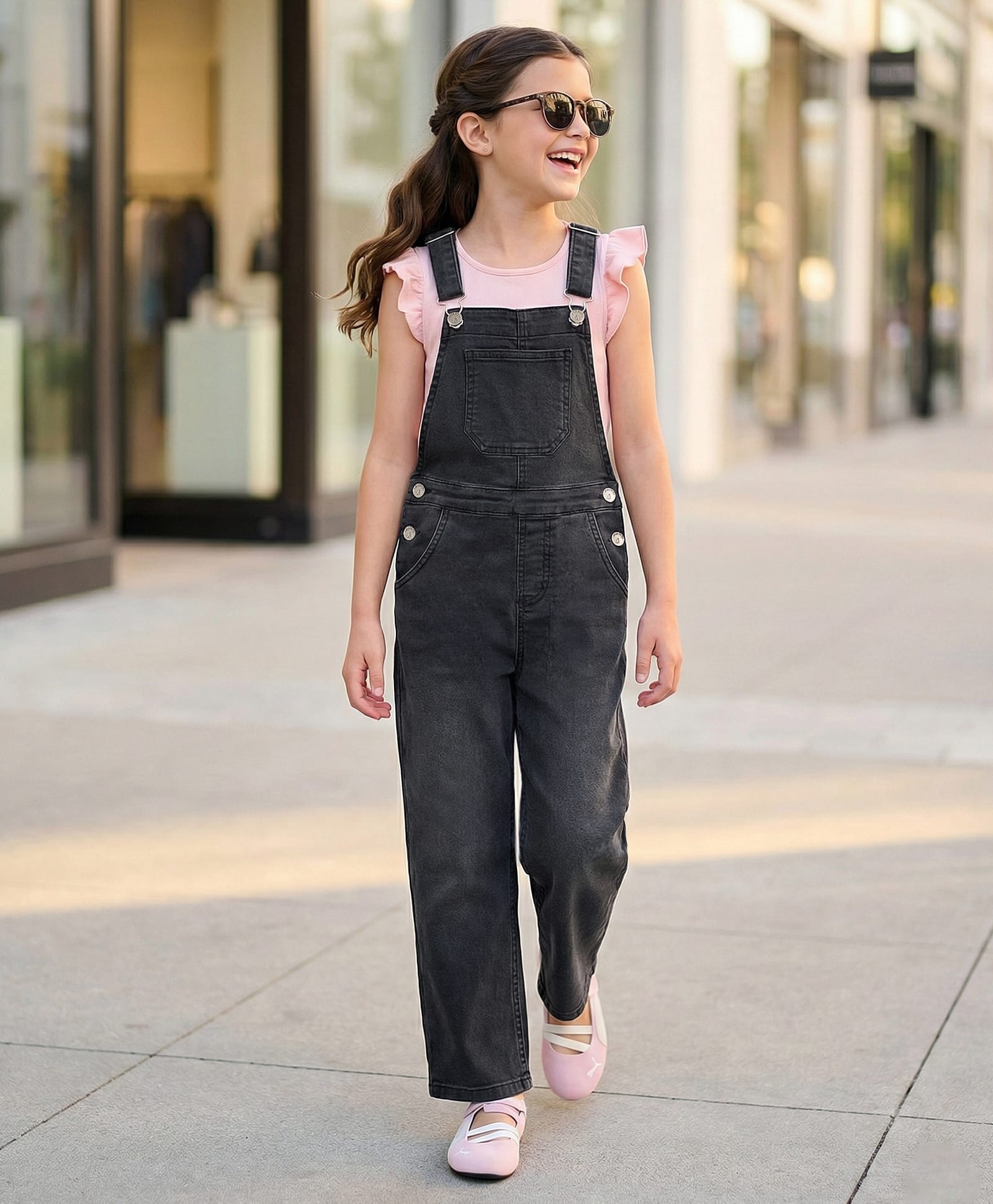 Pine Kids Cotton Woven Solid Color Dungaree - Black-image-1
