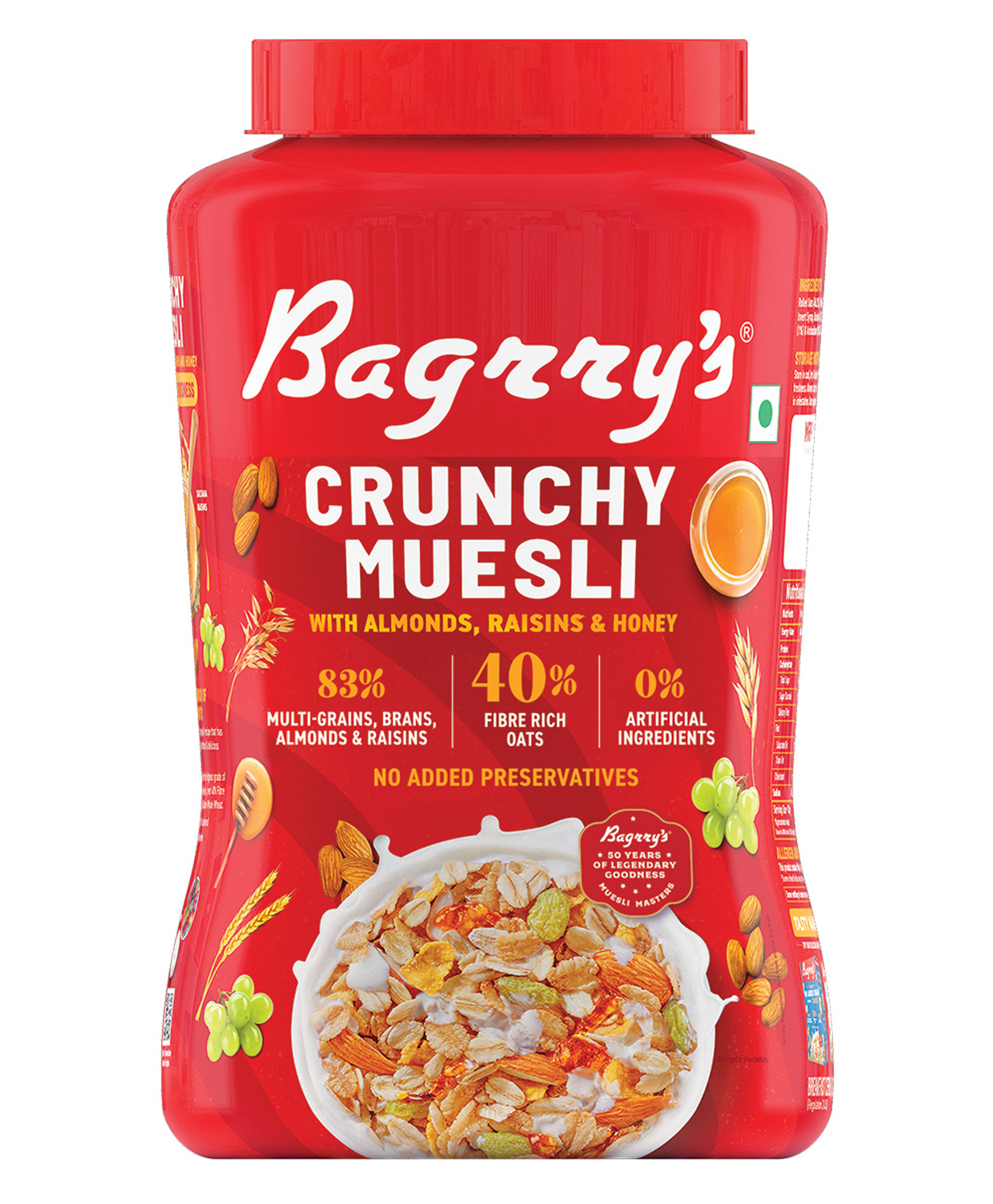 Bagrry's Crunchy Muesli 1kg | 83% multigrain with brans, almonds, raisins & honey | 40% fibre-rich oats | High fibre & protein | 100% natural, non-GMO, no preservatives | Trans fat & cholesterol free-image-41