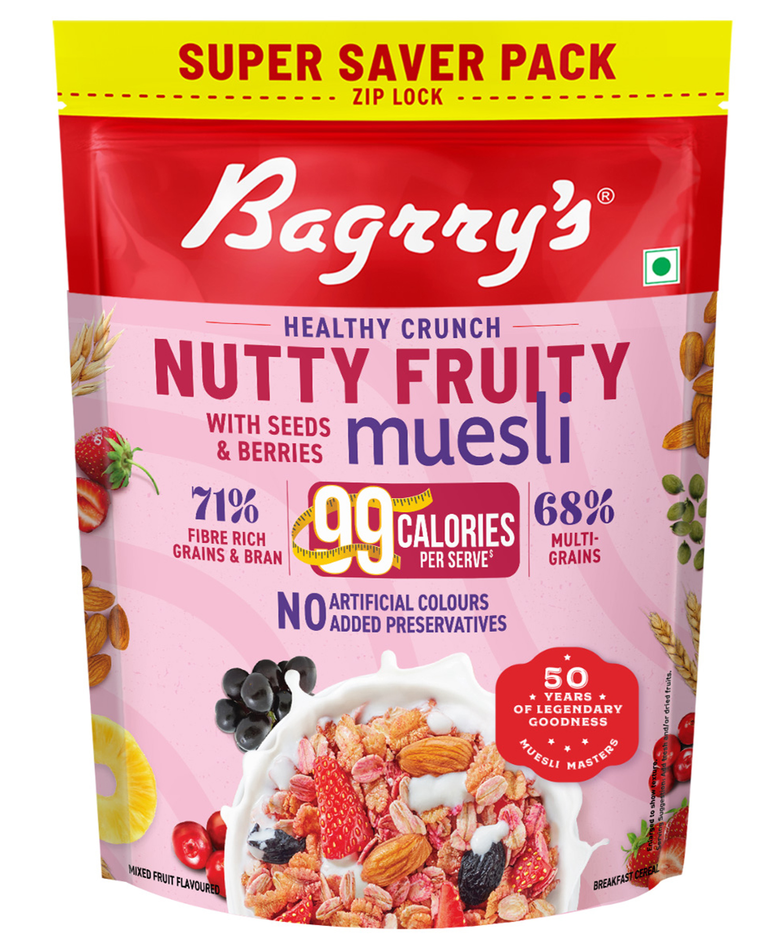 Bagrry's Crunchy Nutty Fruity Muesli with Seeds & Berries 1kg | 78% Fruits, Nuts, Seeds & Multigrains | Rich in Fibre & Protein | 99 Calories per Serve | No Preservatives | Healthy Breakfast Cereal-image-2