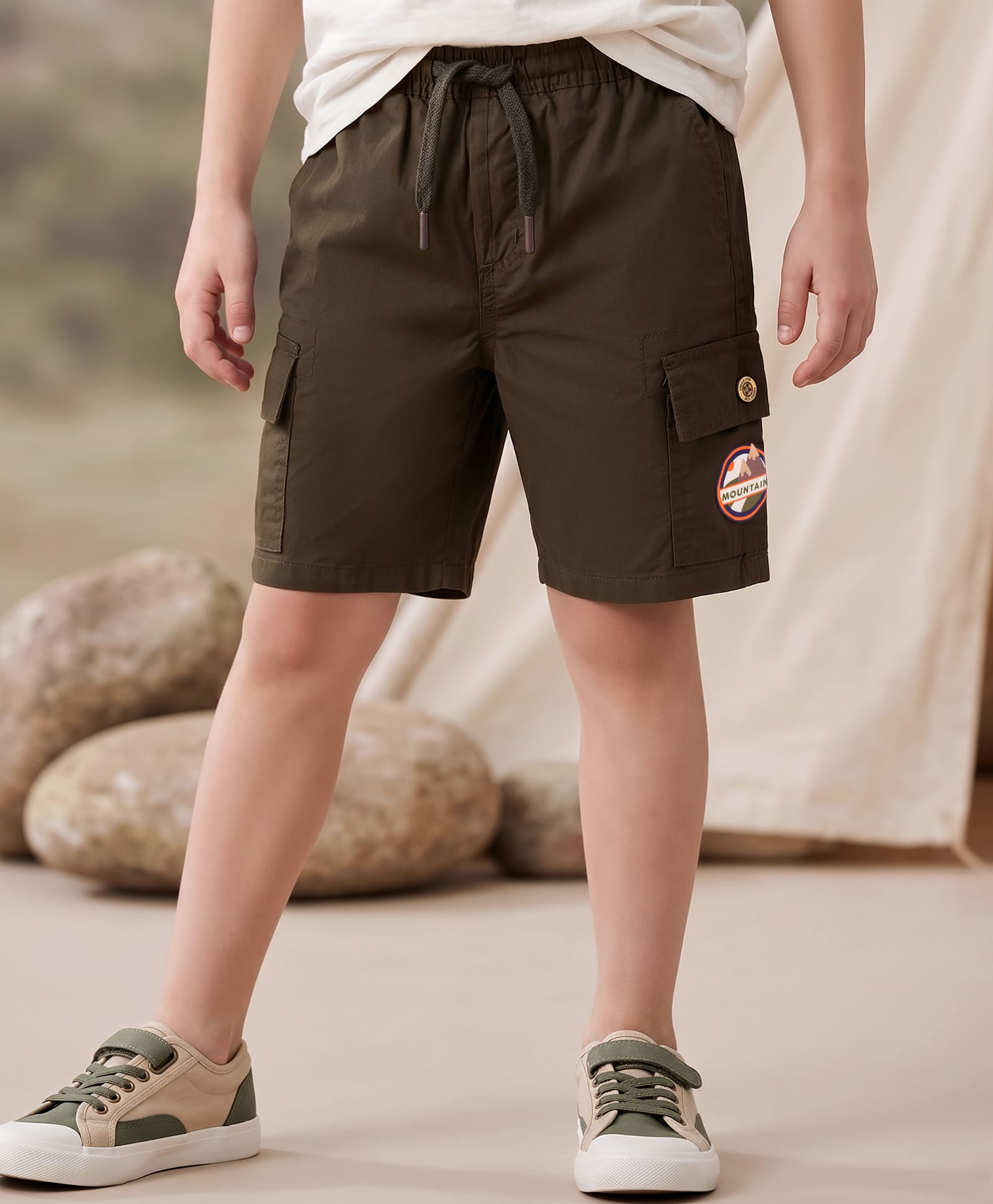 Kookie Kids Cotton Woven Knee Length Shorts With Mountain Patch & Cargo Pockets - Dark Olive Green-image-43