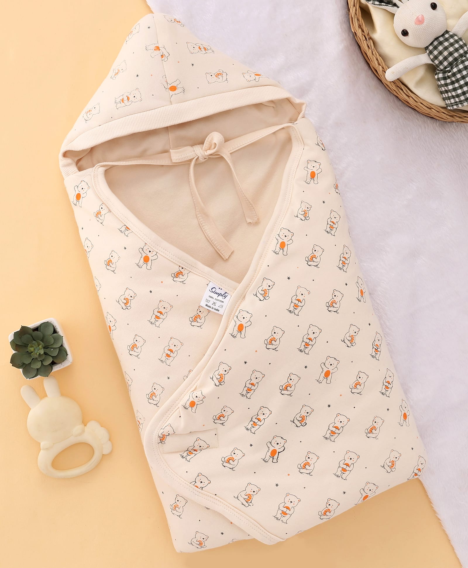 Simply Interlock Cotton Knit Hooded Bear Printed Towel & Wrapper L 72 x B 72 cm - Peach-image-45