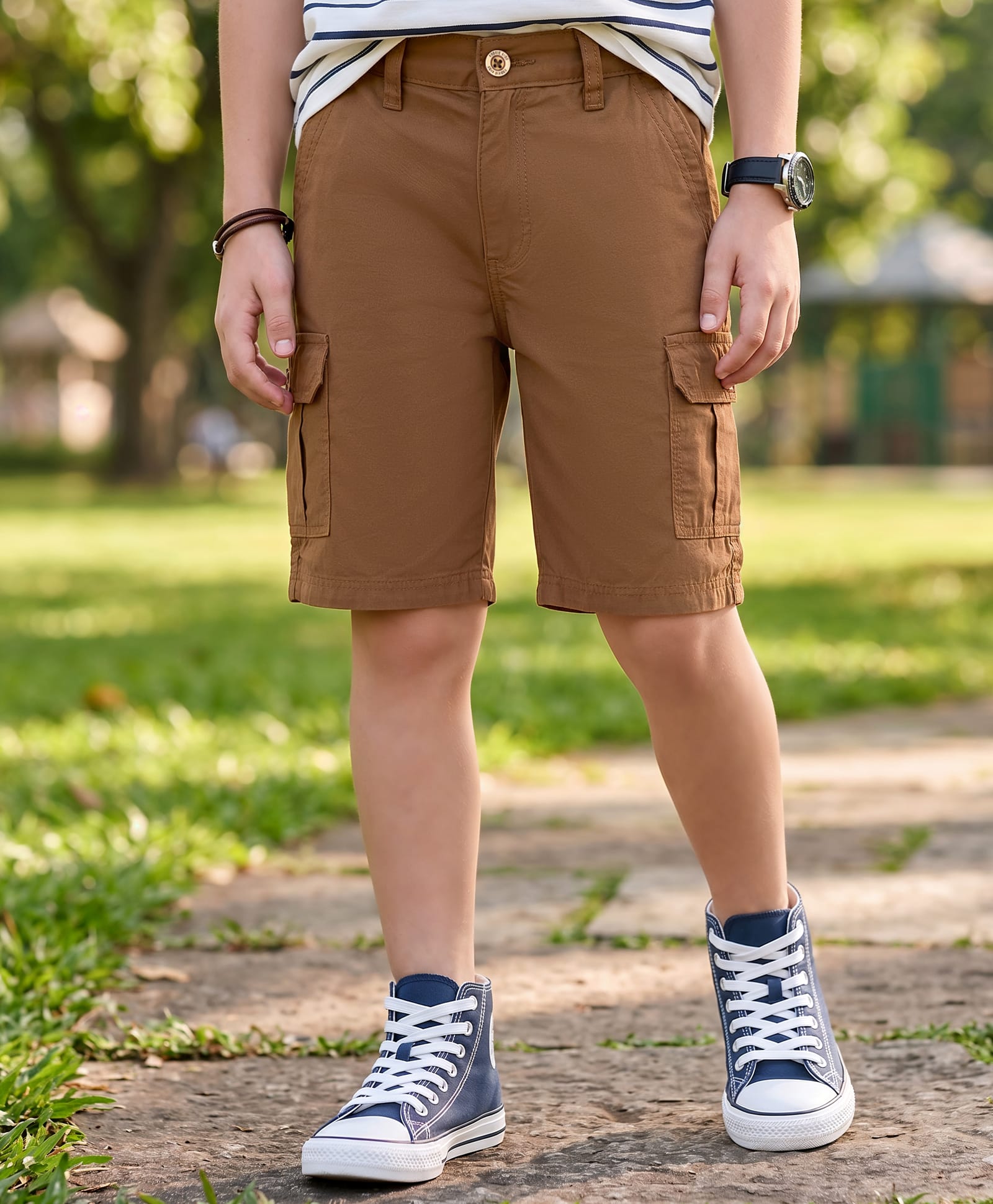 kookie kids india Kookie Kids Cotton Woven Knee Length Solid Colour Shorts - Brown-picture-27
