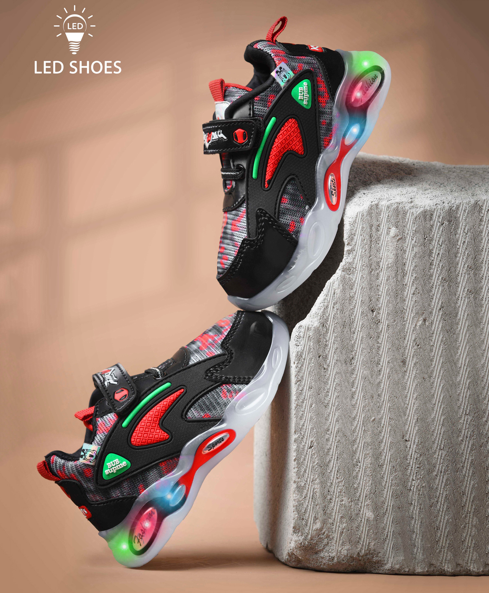 KATS Tie Dye Velcro Closure LED Shoes - Red-picture-42