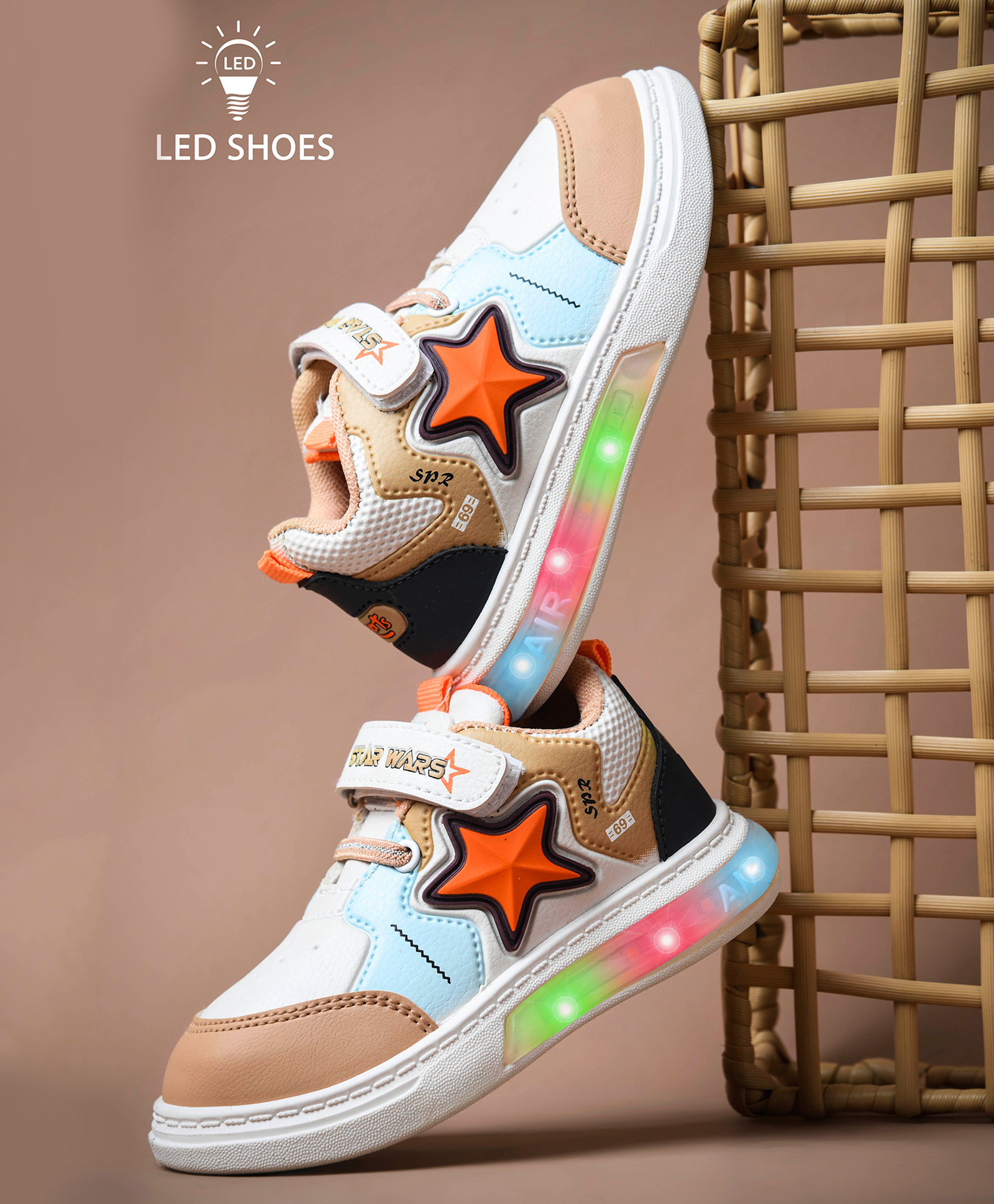 KATS Star Patch Detailed Velcro Closure LED Shoes - Beige-image-7