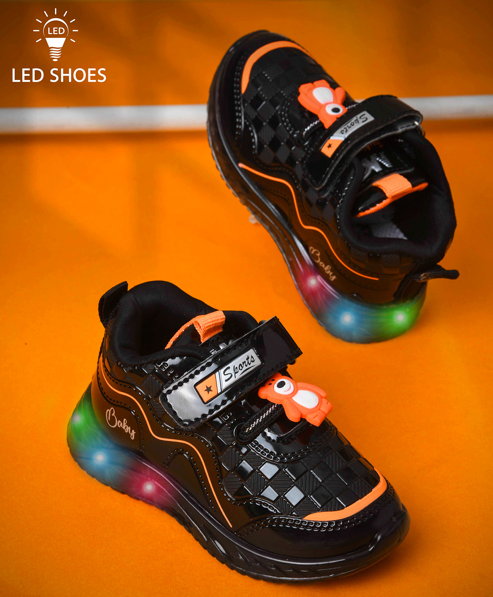 KATS Teddy Bear Patch Detailed Velcro Cloosure LED Shoes - Black-image-21