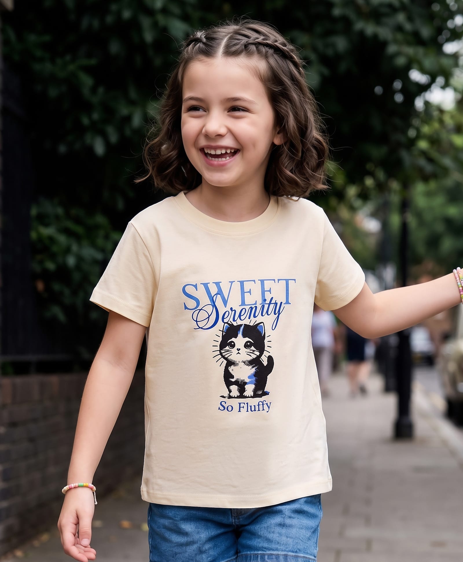Kookie Kids Single Jersey Knit Half Sleeves T-Shirt With Cat & Sweet Text Print - Cream-image-35