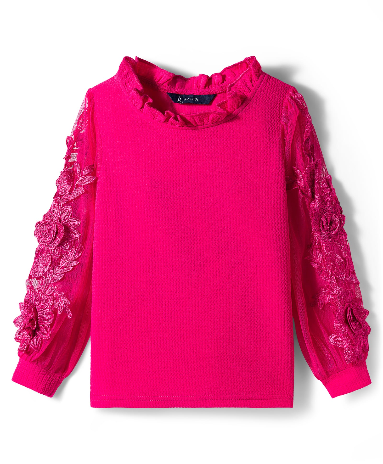 Pine Kids Woven Full Sleeves Top with Floral Embroidery - Dark Pink