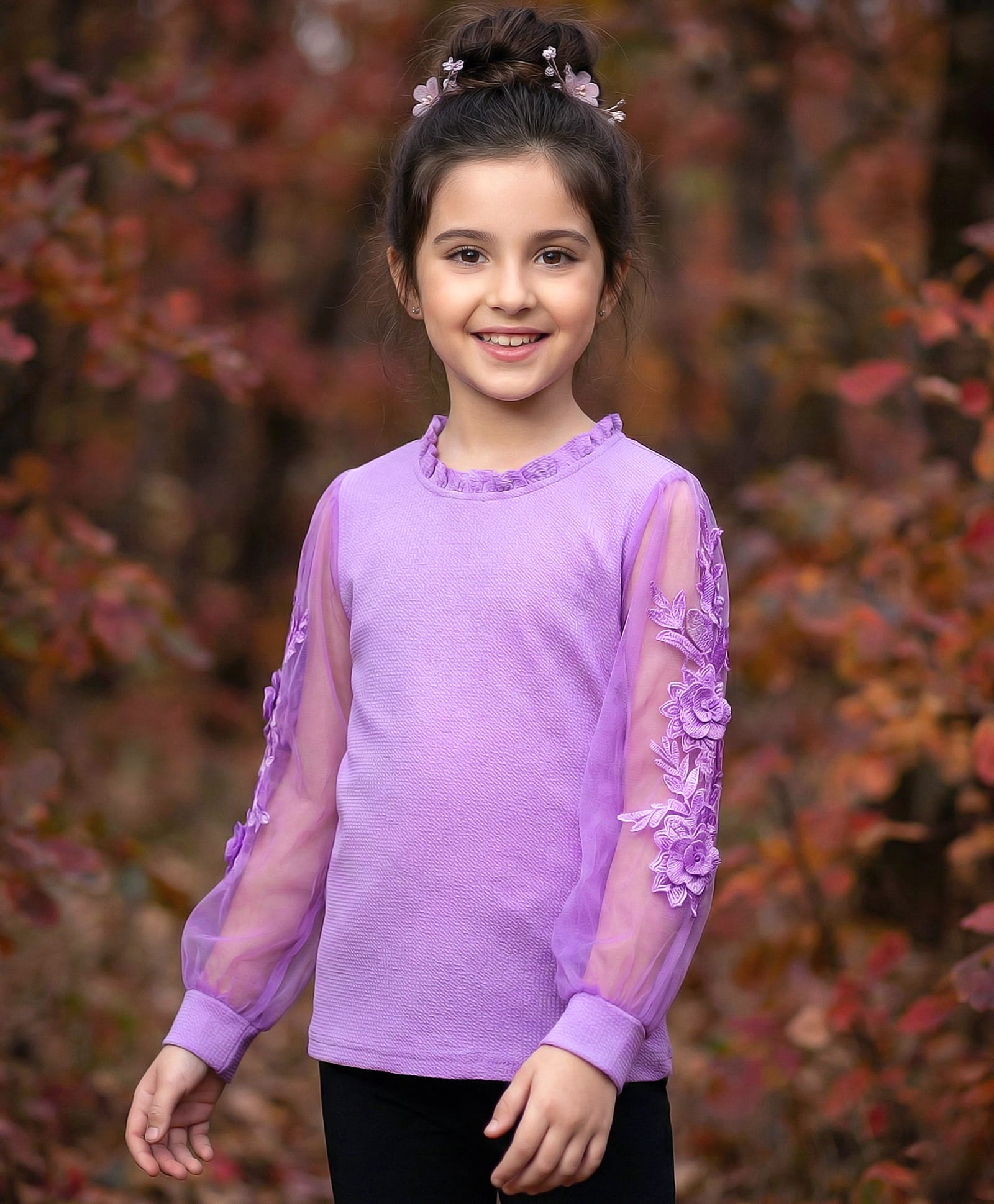 Pine Kids Woven Full Sleeves Top with Floral Embroidery - Purple