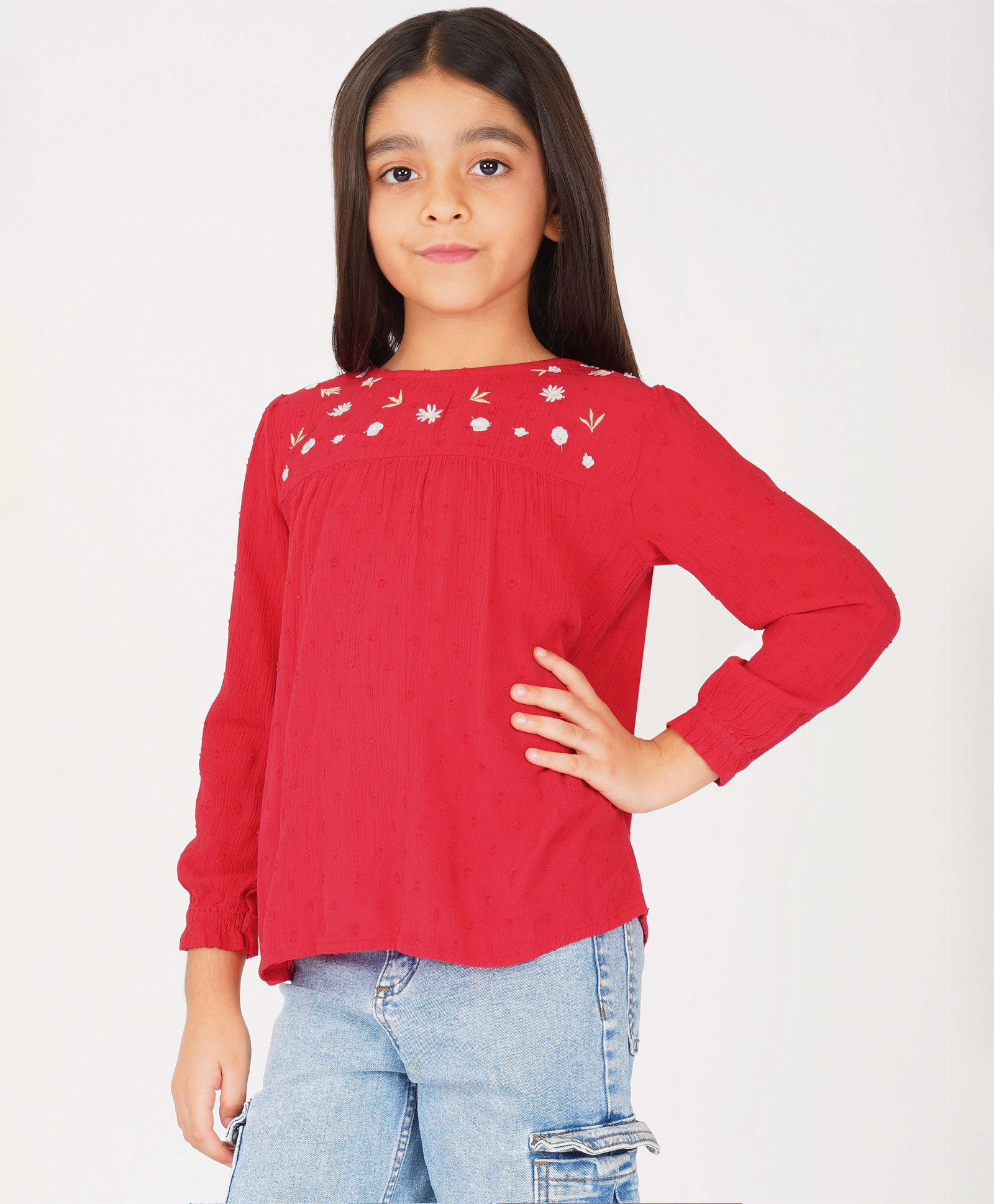 Creative Kids Viscose Rayon Woven Full Sleeves Floral Embroidered Top - Red & White-picture-33