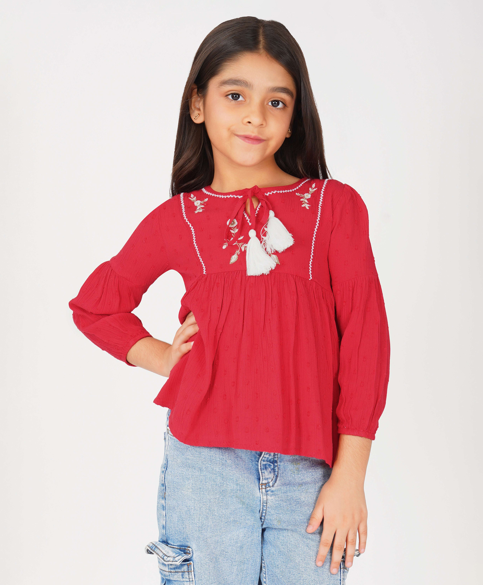 Creative Kids Viscose Rayon Woven Three Fourth Sleeves Floral Embroidered Peplum Top - Red & White-picture-12