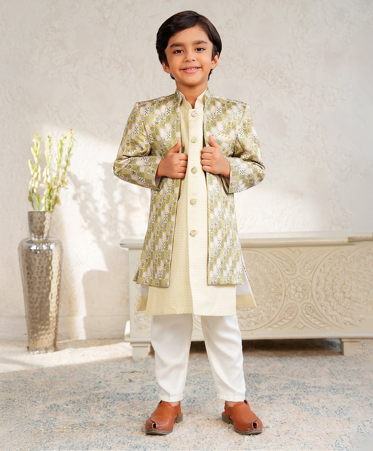 AJ Dezines Jacquard Woven Full Sleeves Paisley Printed Kurta Pant With Sherwani Jacket Set - Yellow-picture-11