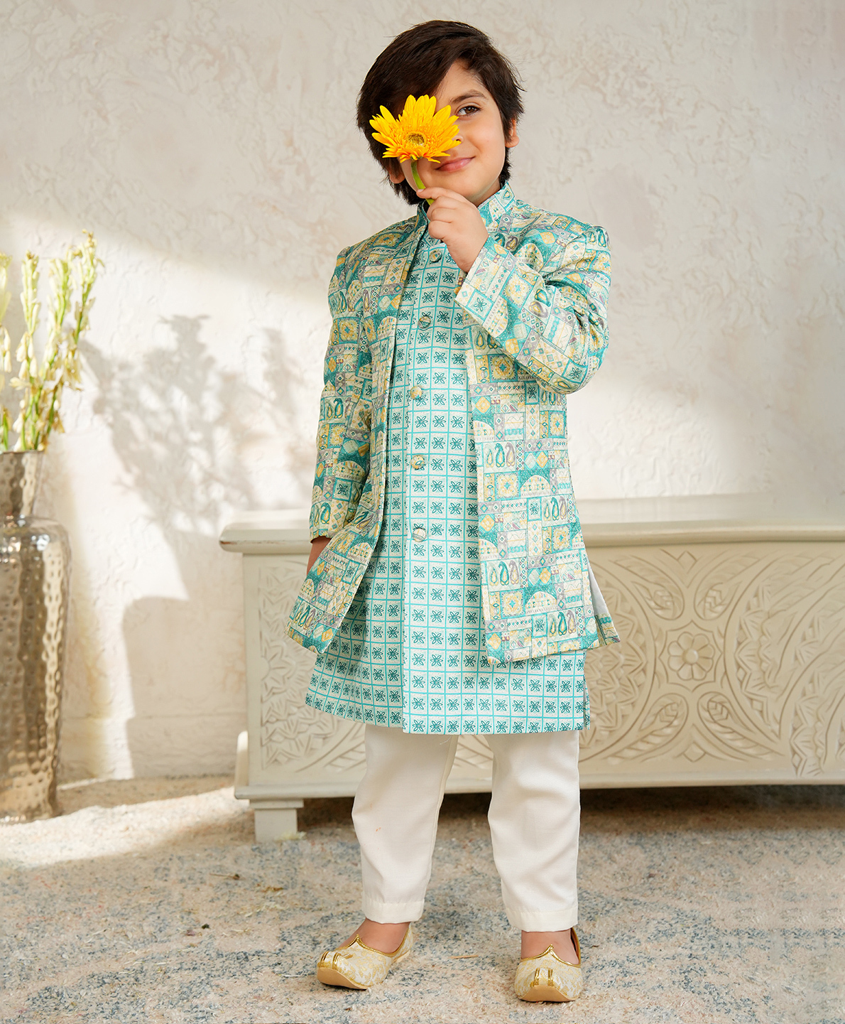 AJ Dezines Jacquard Woven Full Sleeves Floral & Abstract Printed Kurta Pant With Sherwani Jacket Set - Blue-picture-24