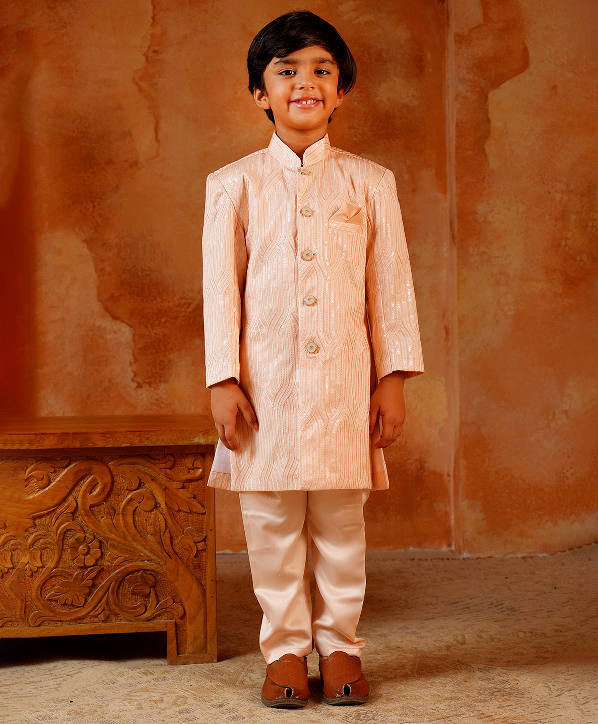 AJ Dezines Jacquard Woven Full Sleeves Threadwork Detailed Sequins Embellished Sherwani & Pant Set - Peach-picture-26