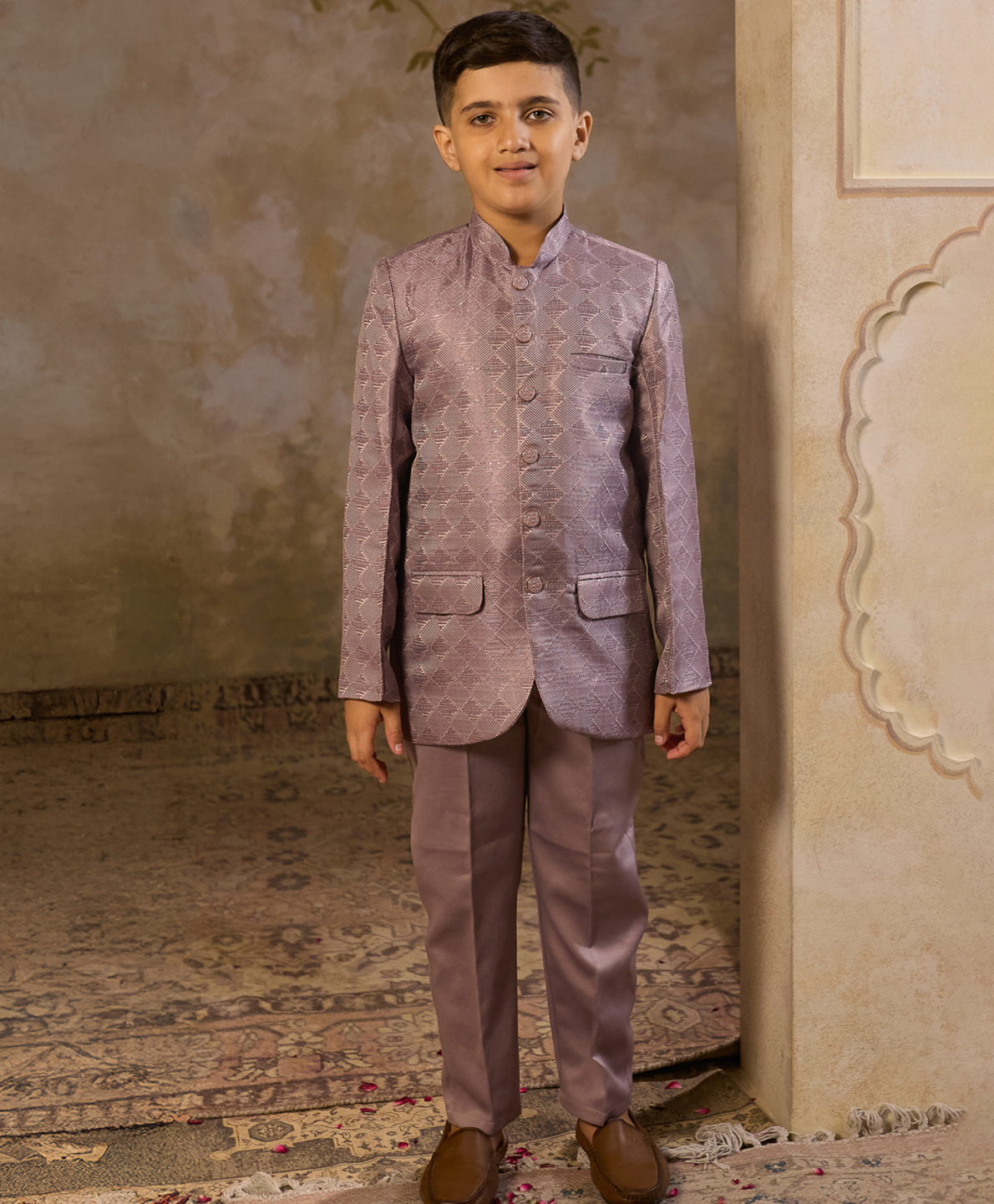 AJ Dezines Jacquard Woven Full Sleeves Geometric Embroidered Sherwani Pant Set - Purple-picture-12