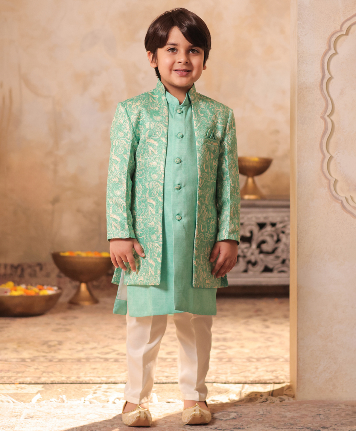 AJ Dezines Jacquard Woven Full Sleeves Floral Embroidered Kurta Pyjama With Sherwani Jacket Set - Green-picture-21