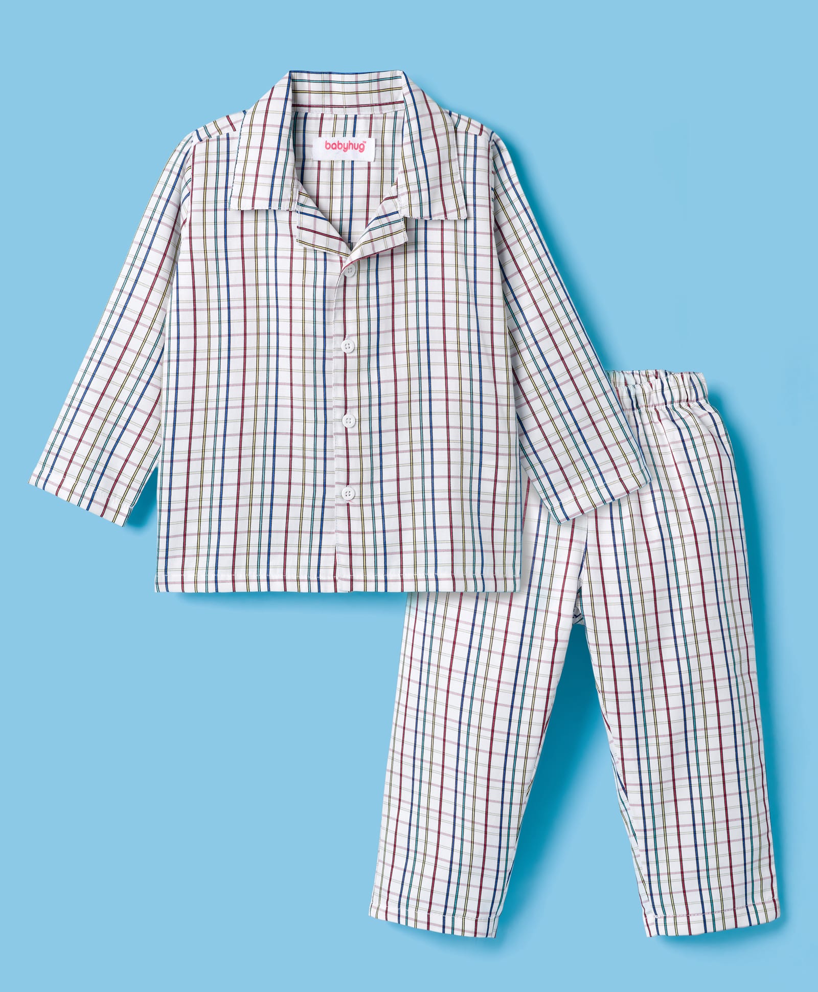 Babyhug Cotton Woven Full Sleeves Checks Co-ord Night Suit - White-picture-26