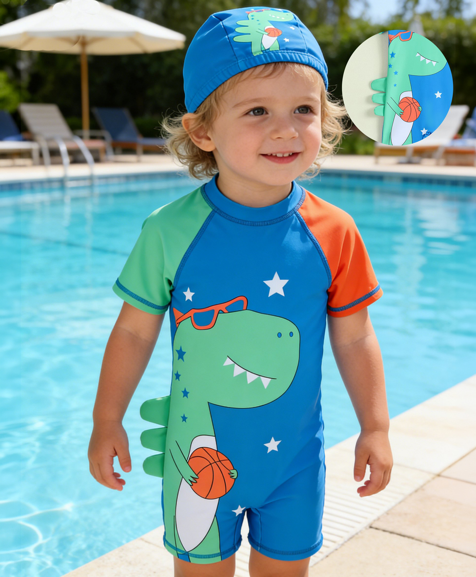 Mark & Mia Raglan Half Sleeves Dino Printed Legged Swimsuit With Cap - Blue-image-16