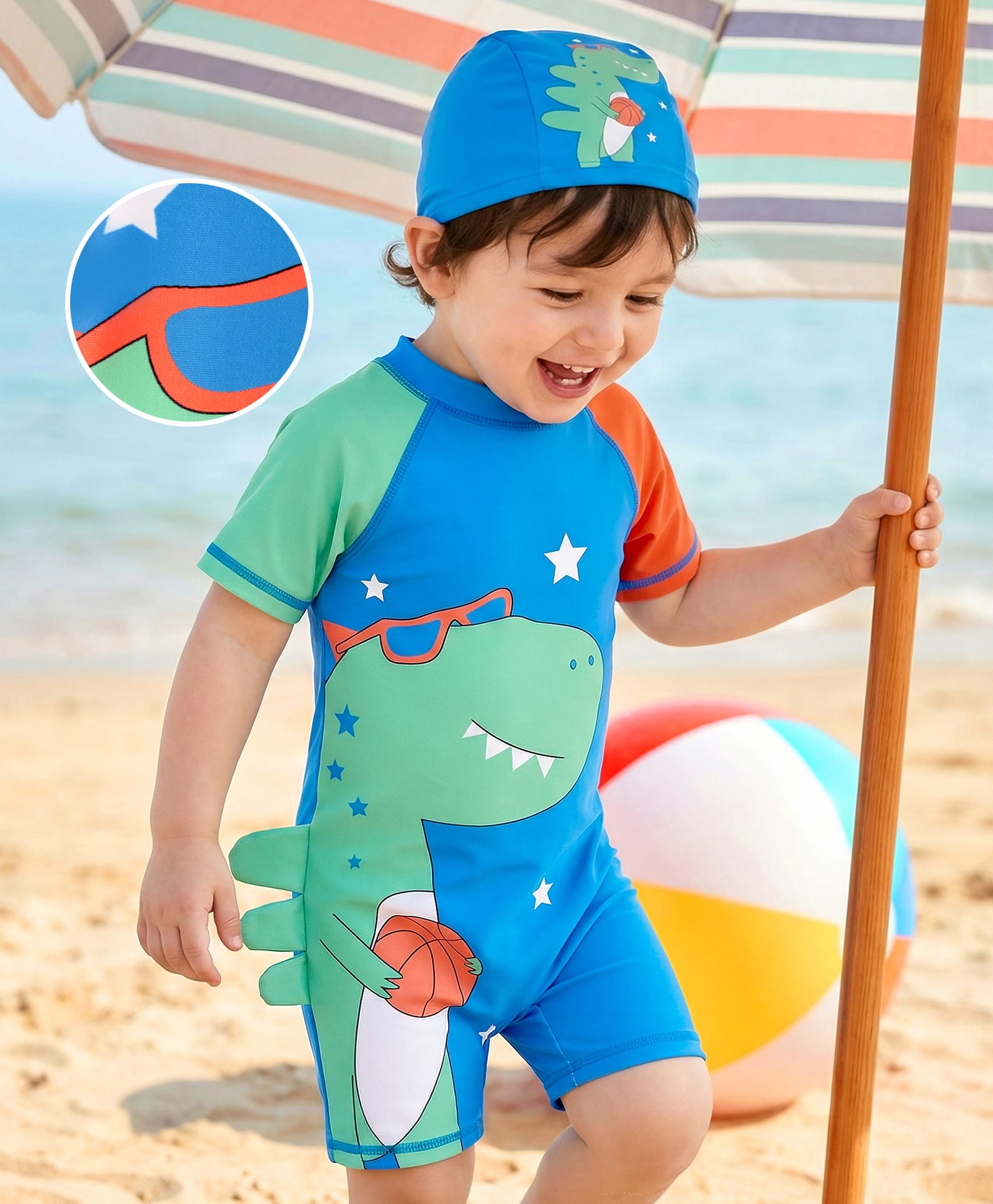 Mark & Mia Raglan Half Sleeves Dino Printed Legged Swimsuit With Cap - Blue