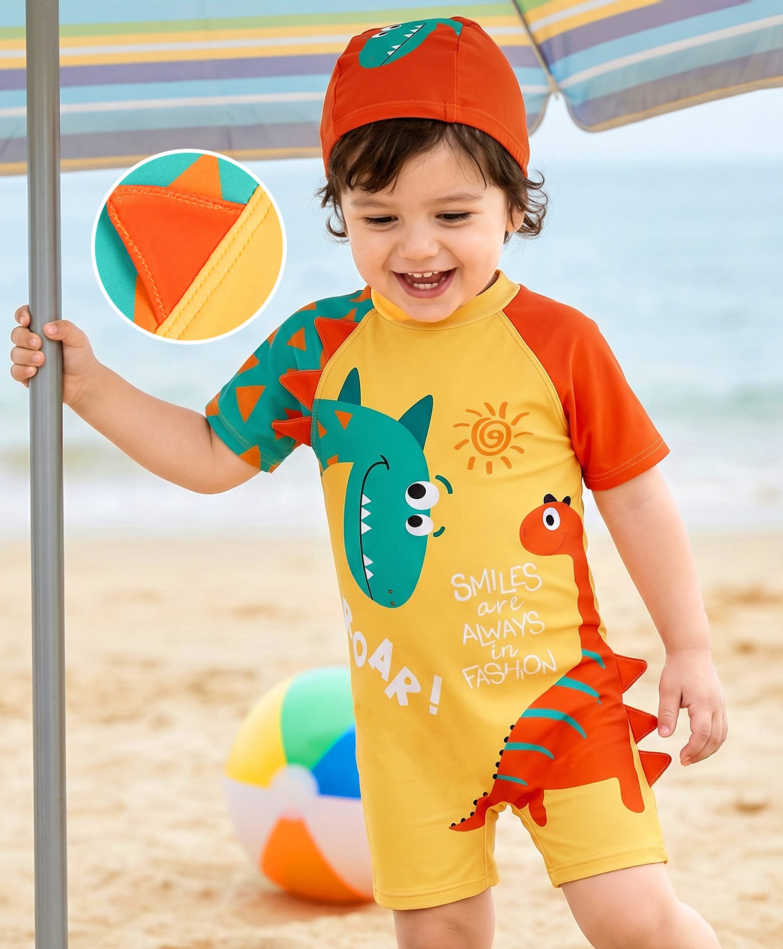 Mark & Mia Half Raglan Sleeves Legged Swimsuit with Cap & Dino Print - Multicolor-image-8