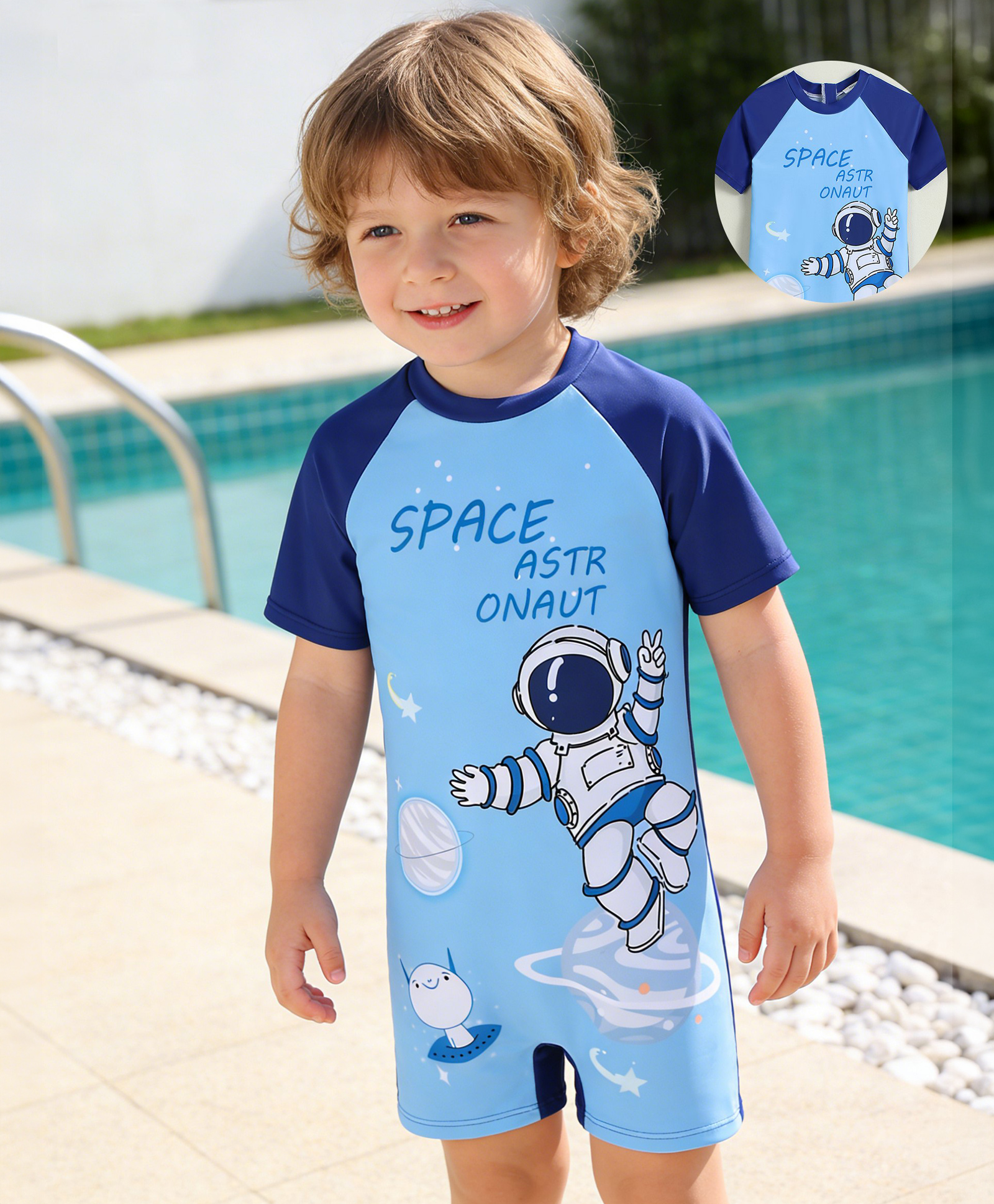 Mark & Mia Half Raglan Sleeves Legged Swimsuit With Space Theme Print - Blue