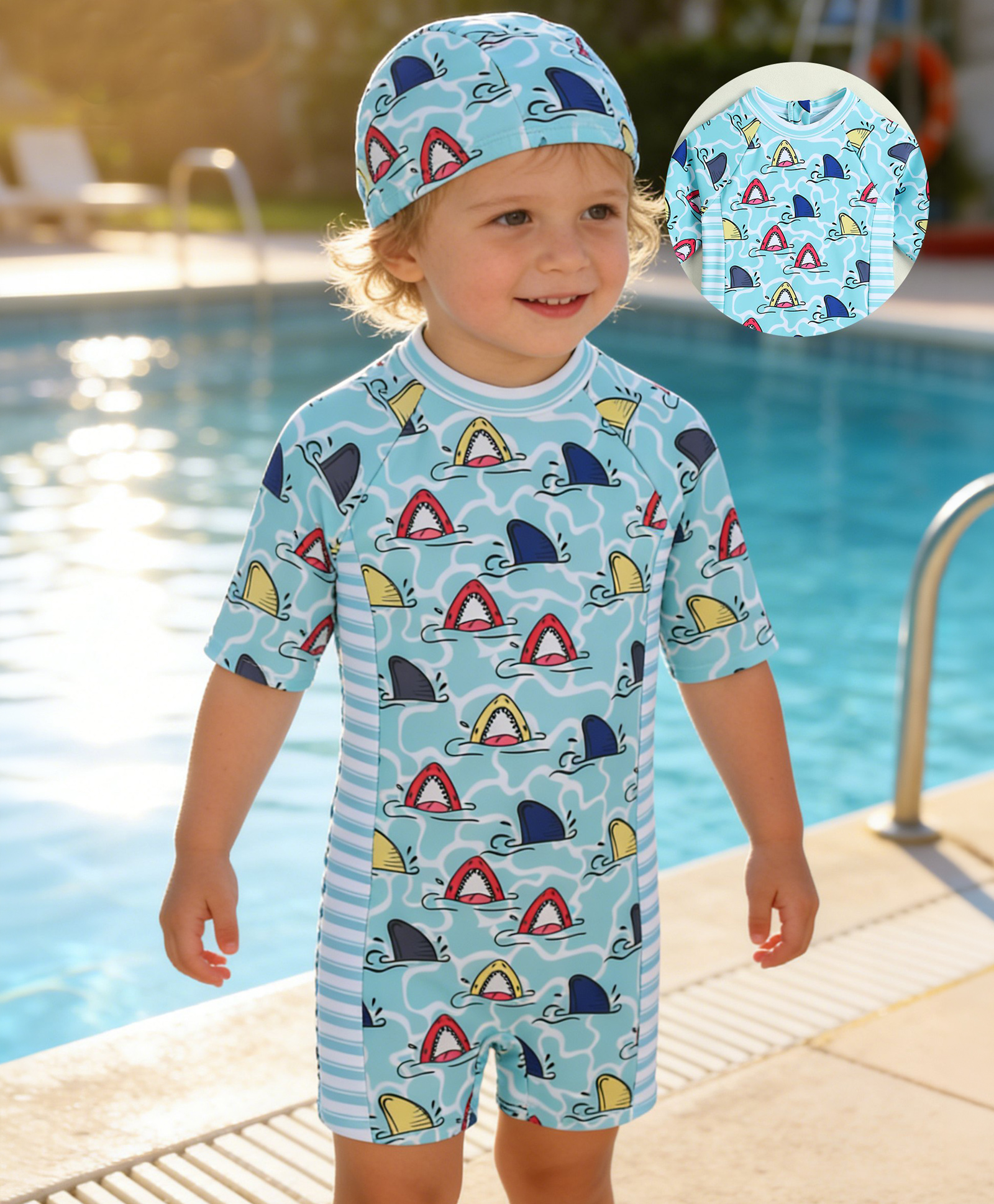 Mark & Mia Half Raglan Sleeves Legged Swimsuit With Shark Print & Cap - Blue-picture-23