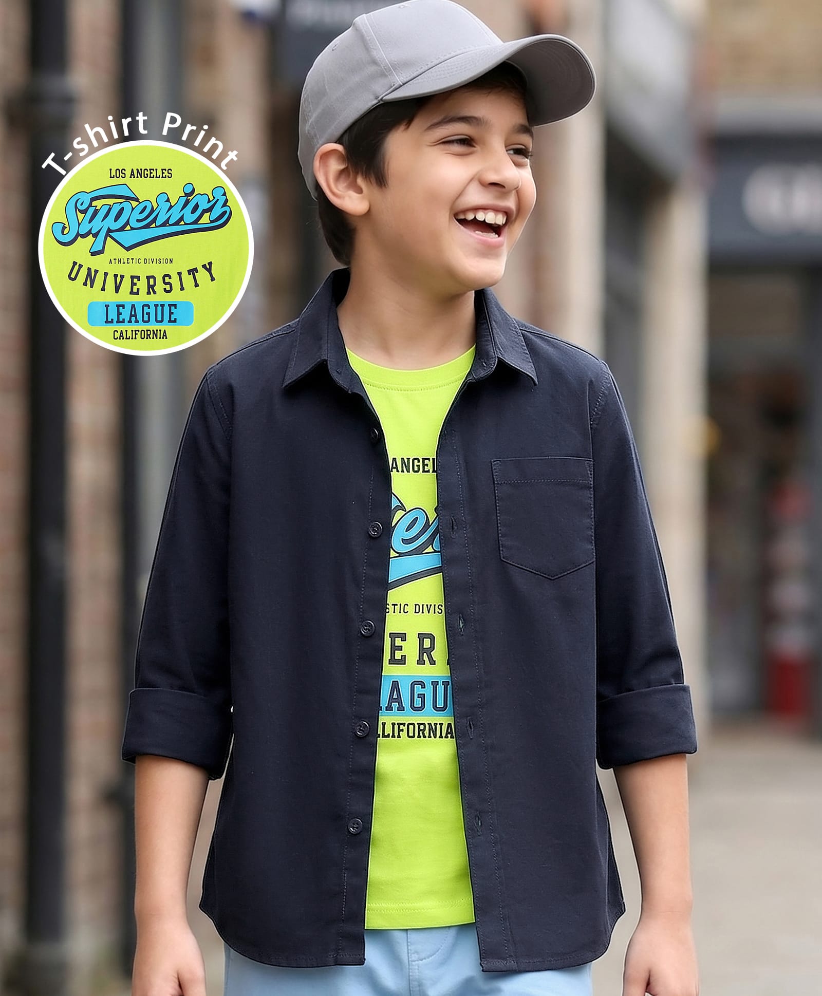 Pine Kids Cotton Woven Full Sleeves Shirt With Text Printed T-Shirt - Navy Blue-image-1