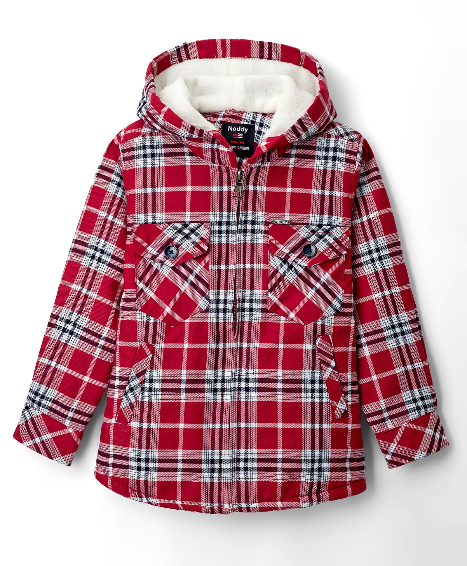 Noddy Full Sleeves Checked Light Winter Hooded Anti Pilling Jacket - Red-image-42