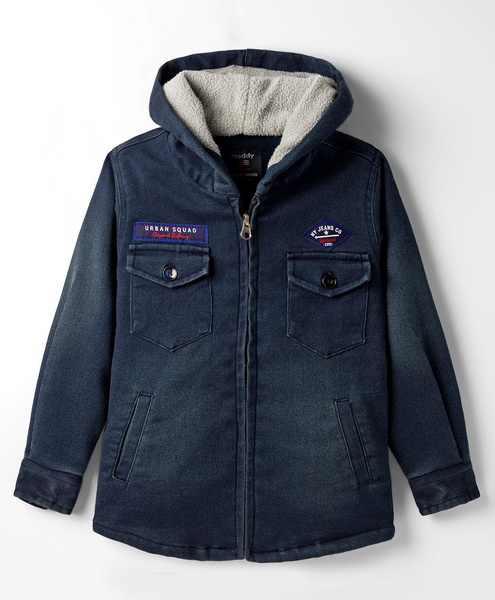 Noddy Denim Washed Full Sleeves Light Winter Hooded Anti Pilling Jacket - Khaki-image-32