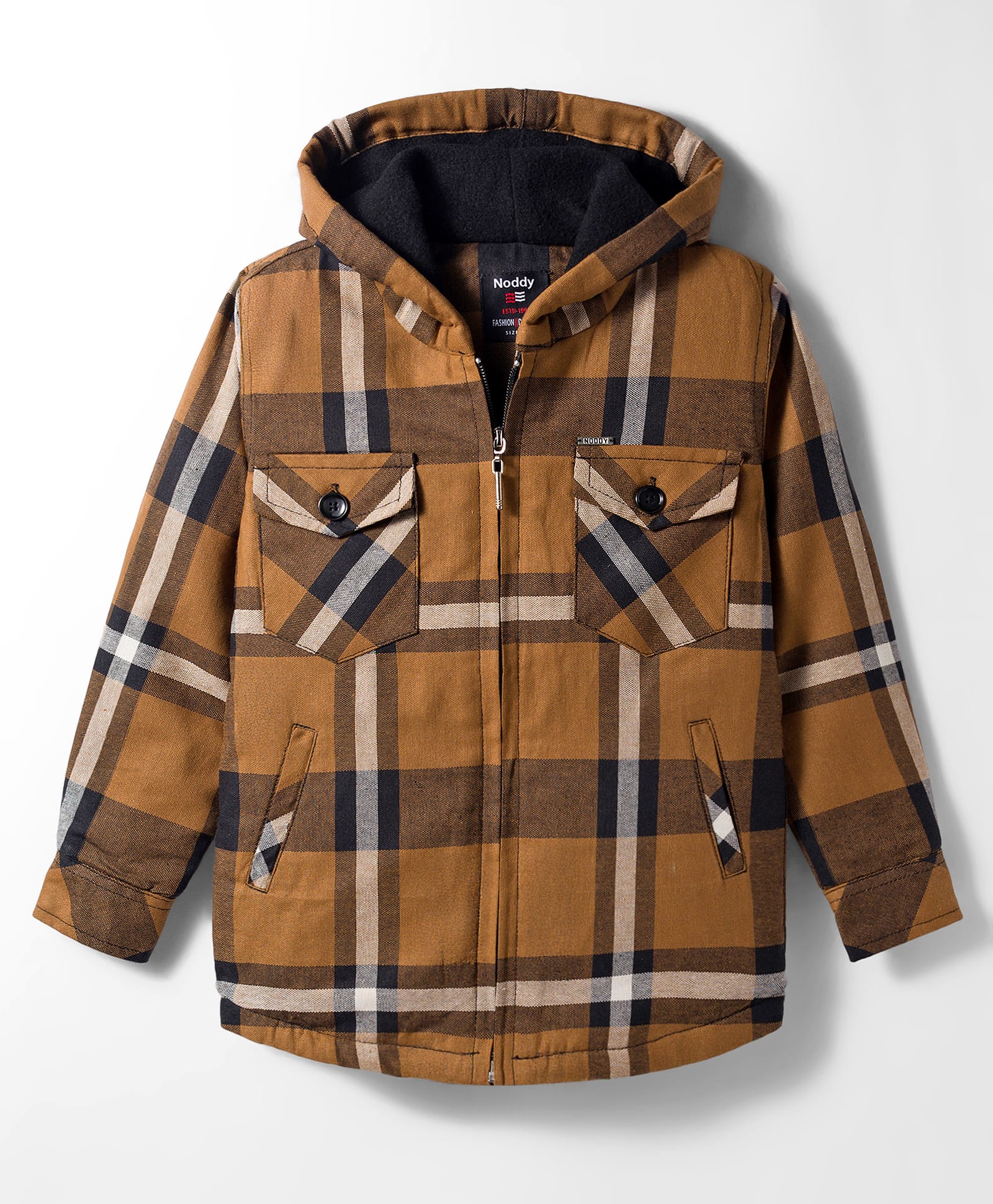 Noddy Full Sleeves Checked Light Winter Hooded Anti Pilling Jacket - Brown-picture-16