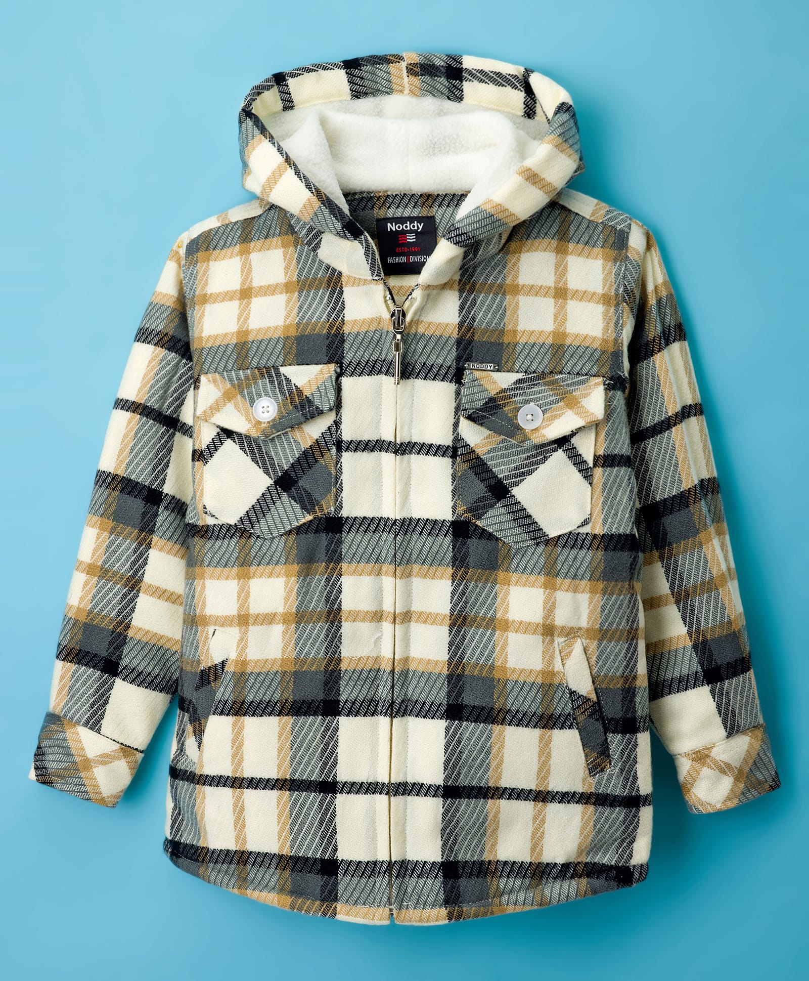 Noddy Full Sleeves Checked Light Winter Hooded Jacket - Off White-picture-35