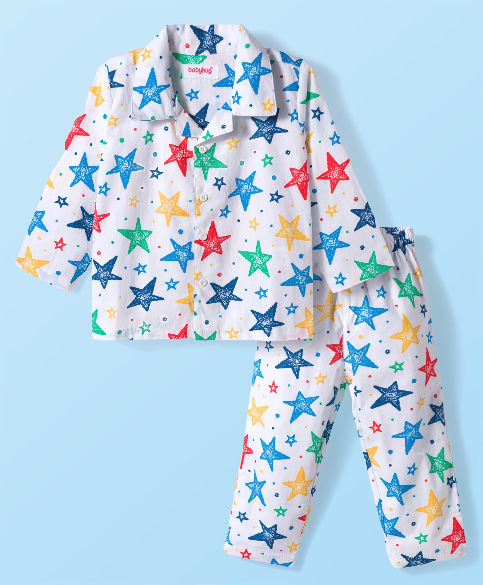 Babyhug Cotton Woven Full Sleeves Co-ord Night Suit With Star Print - White
