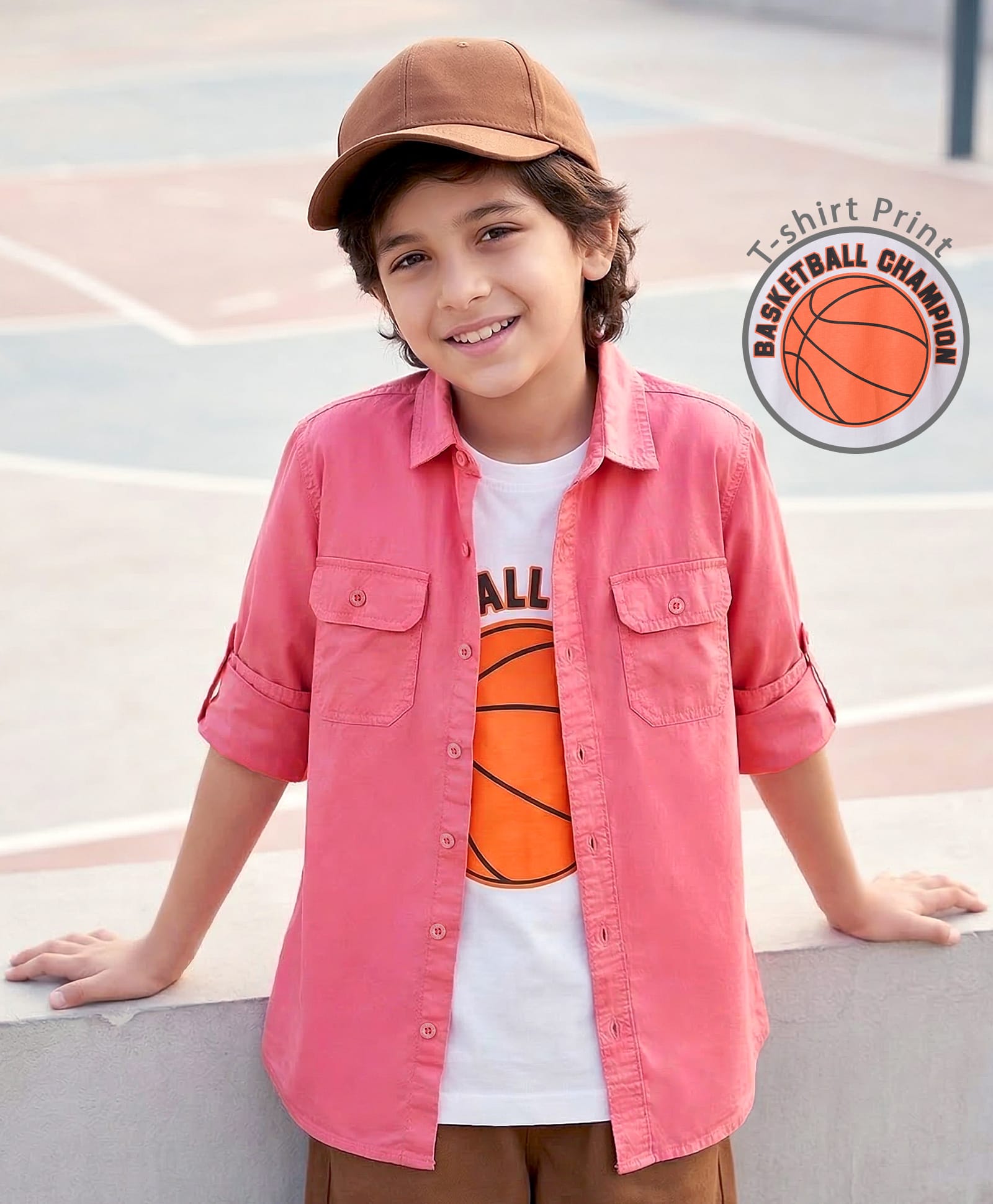 Pine Kids Cotton Woven Full Sleeves Solid Shirt With Basketball Champion Tank Top - Red-picture-19