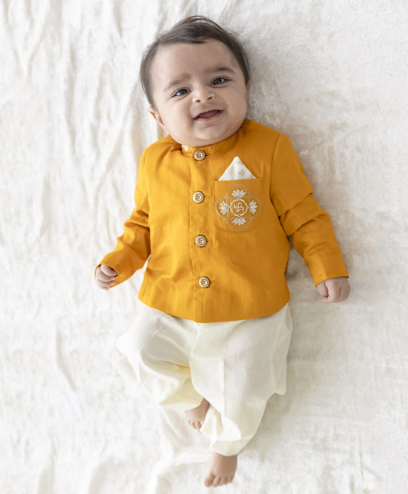 Tiber Taber 100% Cotton Woven Full Sleeves Floral & Swastik Embroidered Kurta Pant Set - Yellow-picture-34