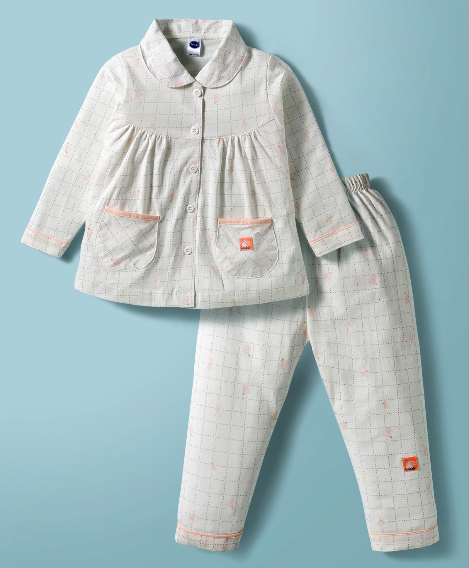 Teddy Sinker Knit Full Sleeves Co-ords Night Suit with Animal Print - Peach & White-picture-48