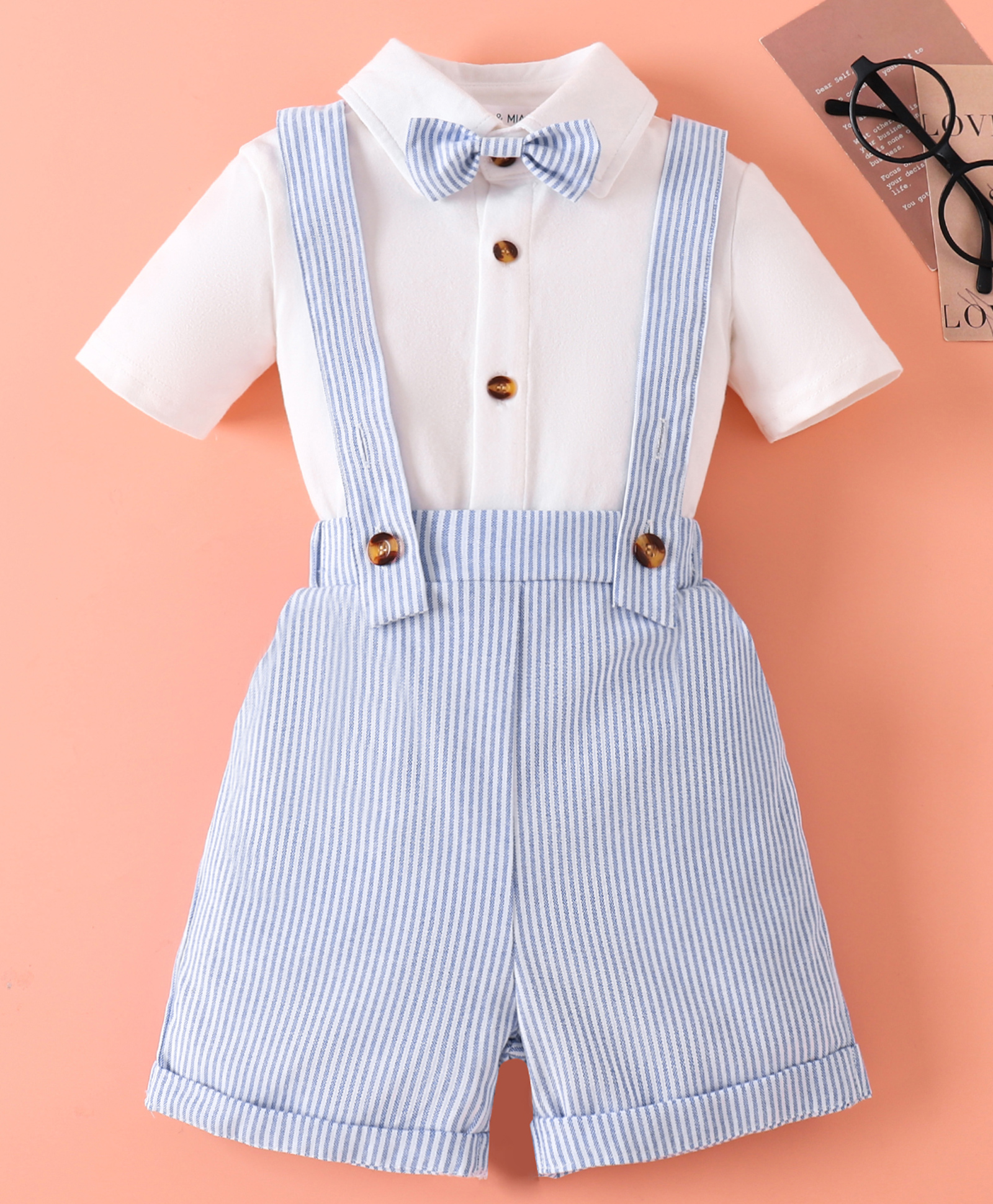 Mark & Mia Half Sleeves Solid Shirt & Shorts Set With Bow Applique & Attached Suspender - White-image-12