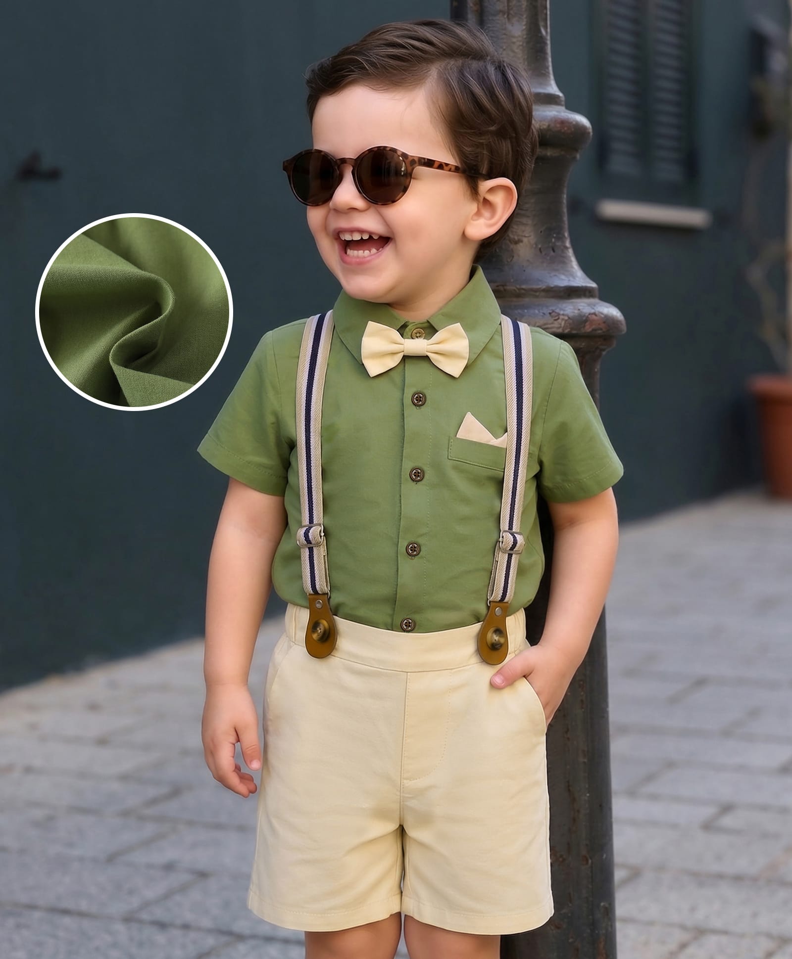 Mark & Mia Half Sleeve Solid Shirt & Shorts Set With Bow Applique & Attached Suspender - Green-image-47