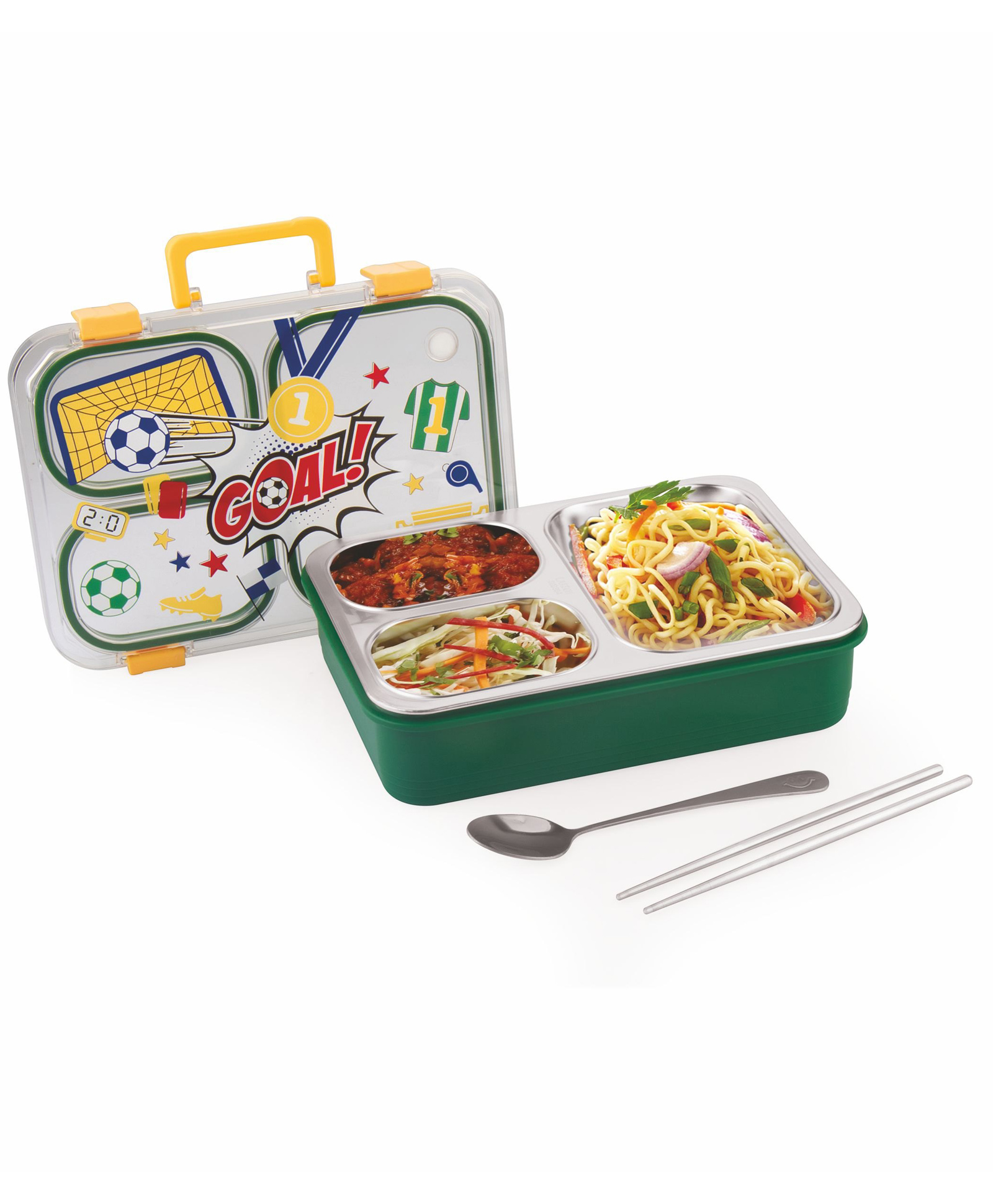 ATTRO SnackFlix Stainless Steel 3 Compartment Kids Lunch Box with Spoon - Yellow Green-picture-14