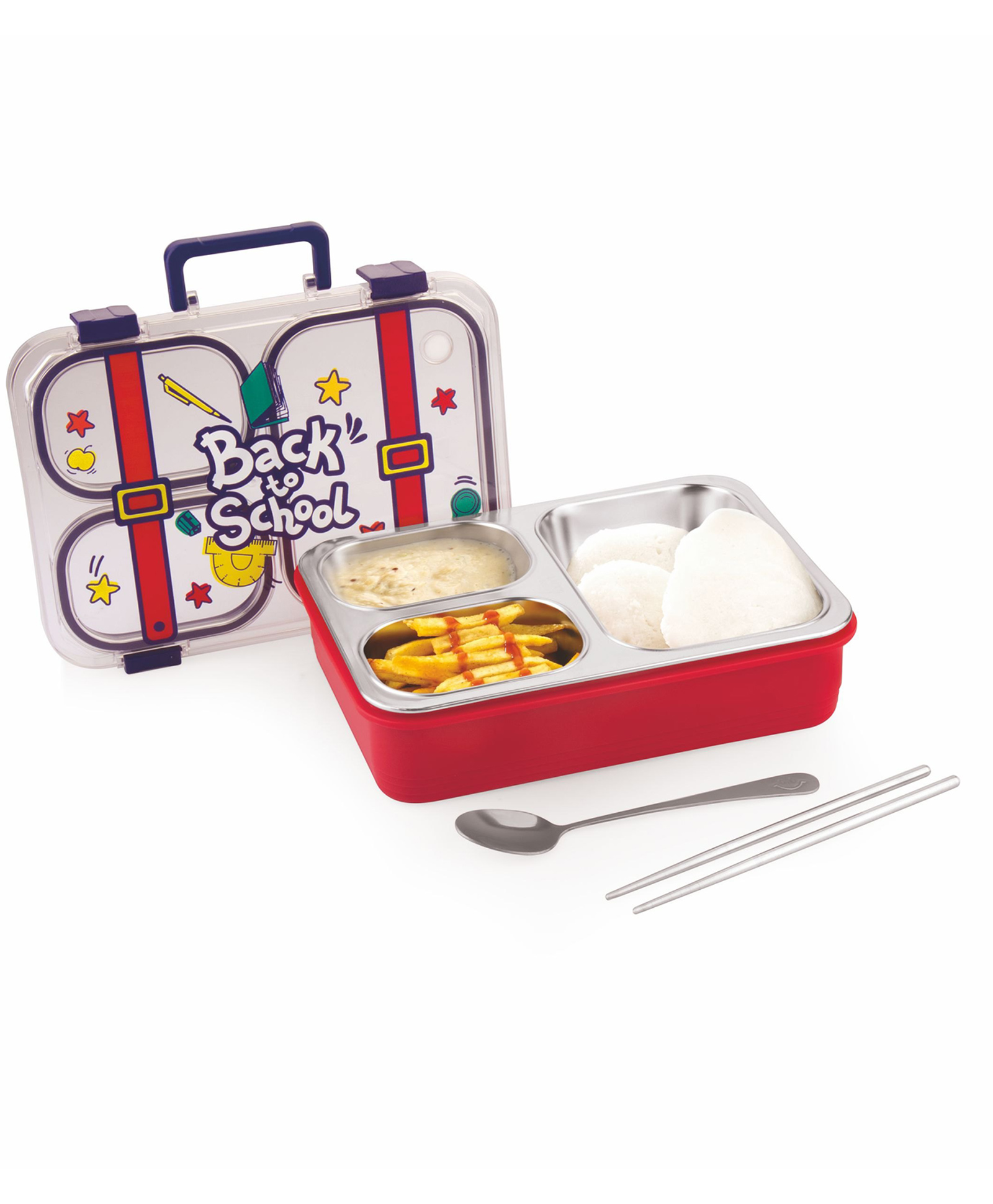 ATTRO SnackFlix Stainless Steel 3 Compartment Kids Lunch Box with Spoon - Red Blue-picture-12