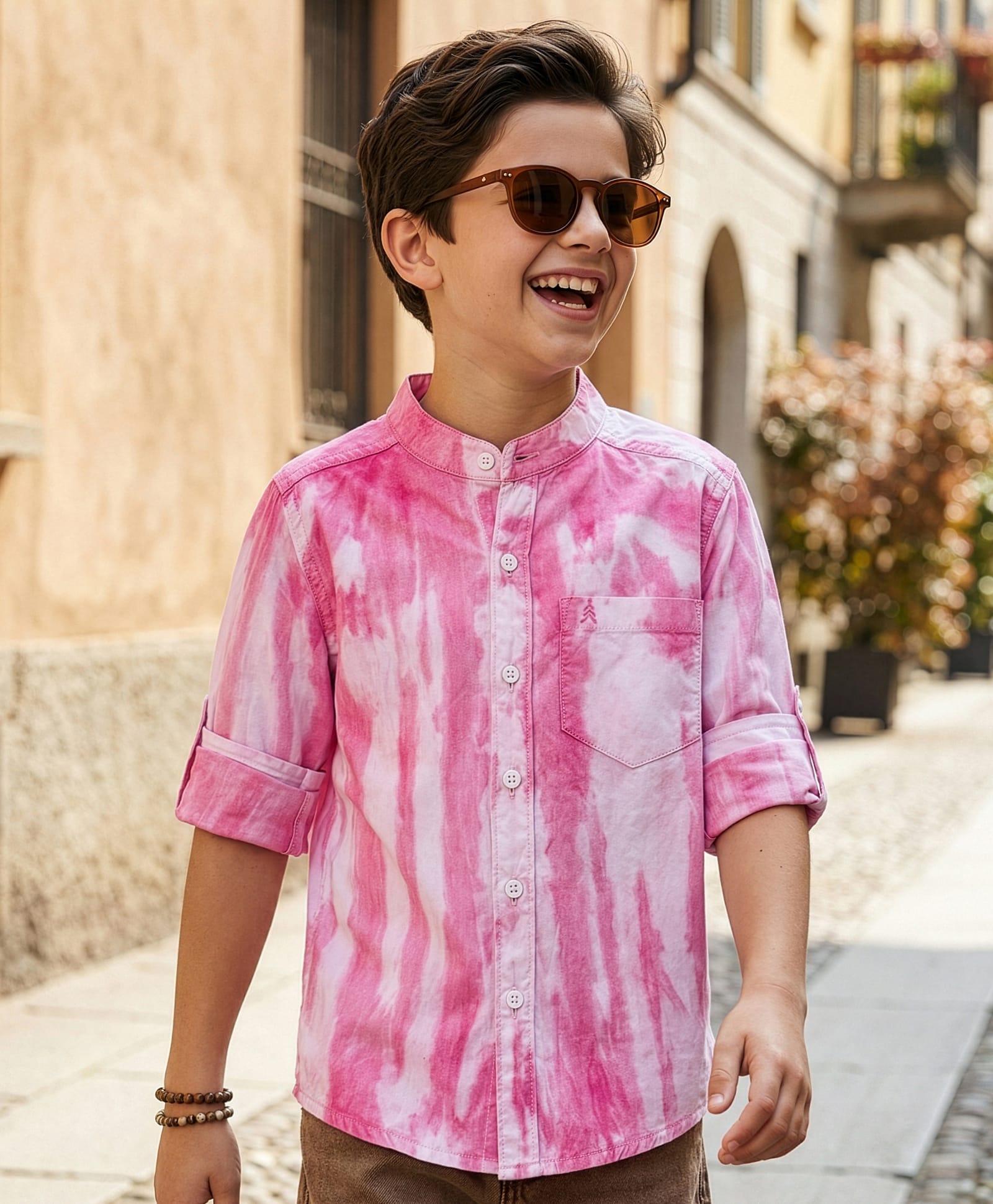 Pine Kids Cotton Woven Full Sleeves Mandarin Collar Tie & Dye Shirt - Pink-image-24