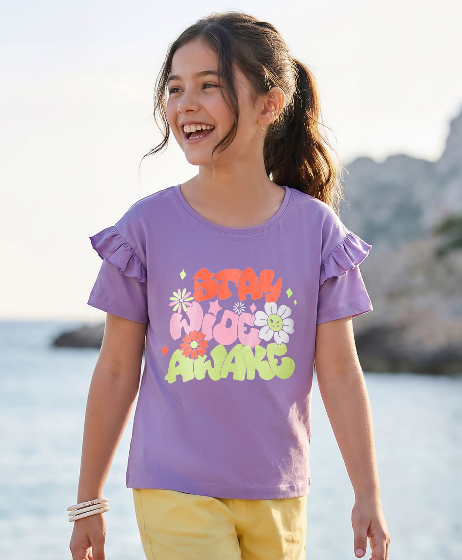 Pine Kids 100% Cotton Knit Half Sleeves Floral Printed T-Shirt - Purple-image-49