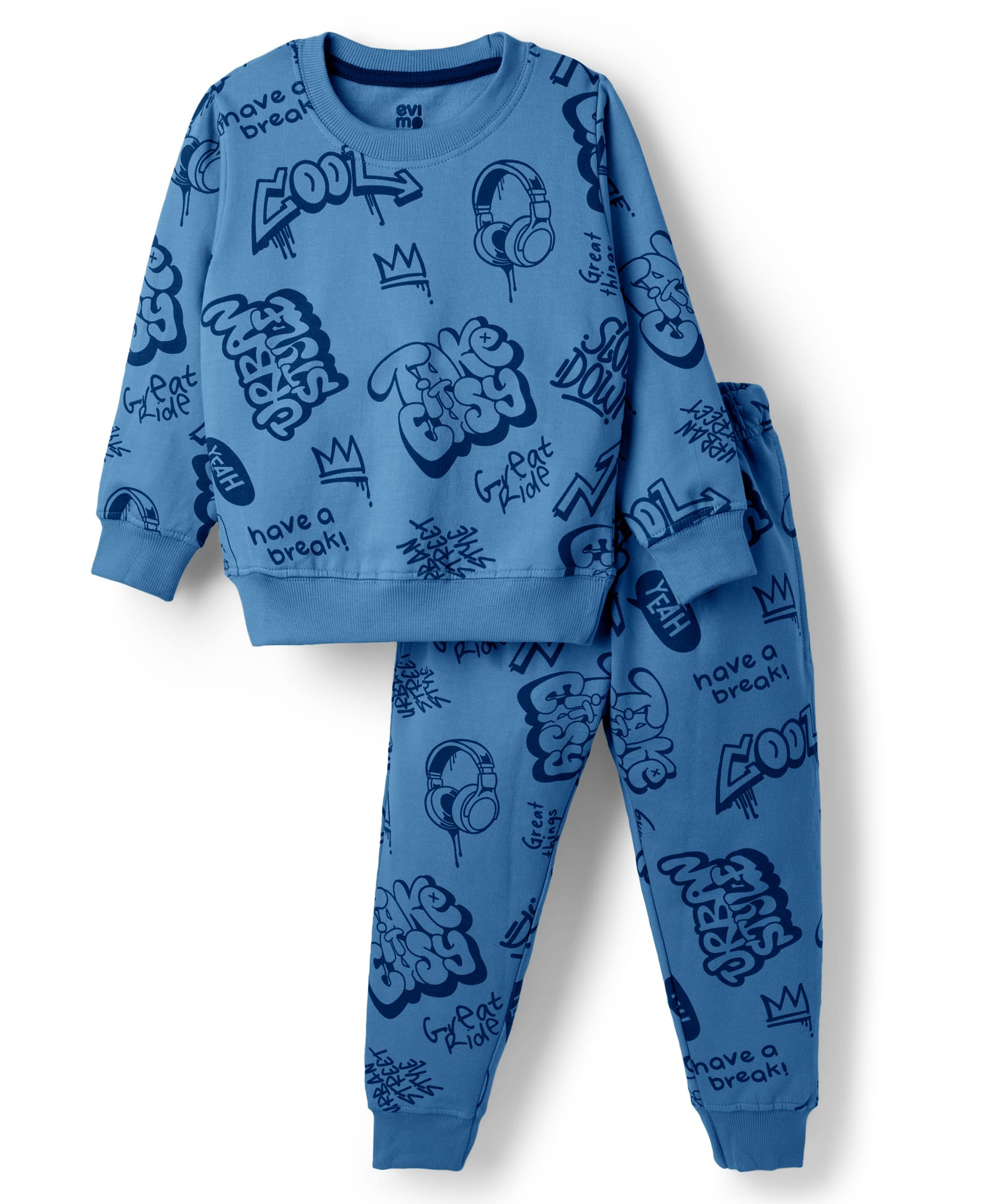 Evimo Looper Knit Full Sleeves Co-ords Winter Wear Suit with Text Print - Blue-image-17