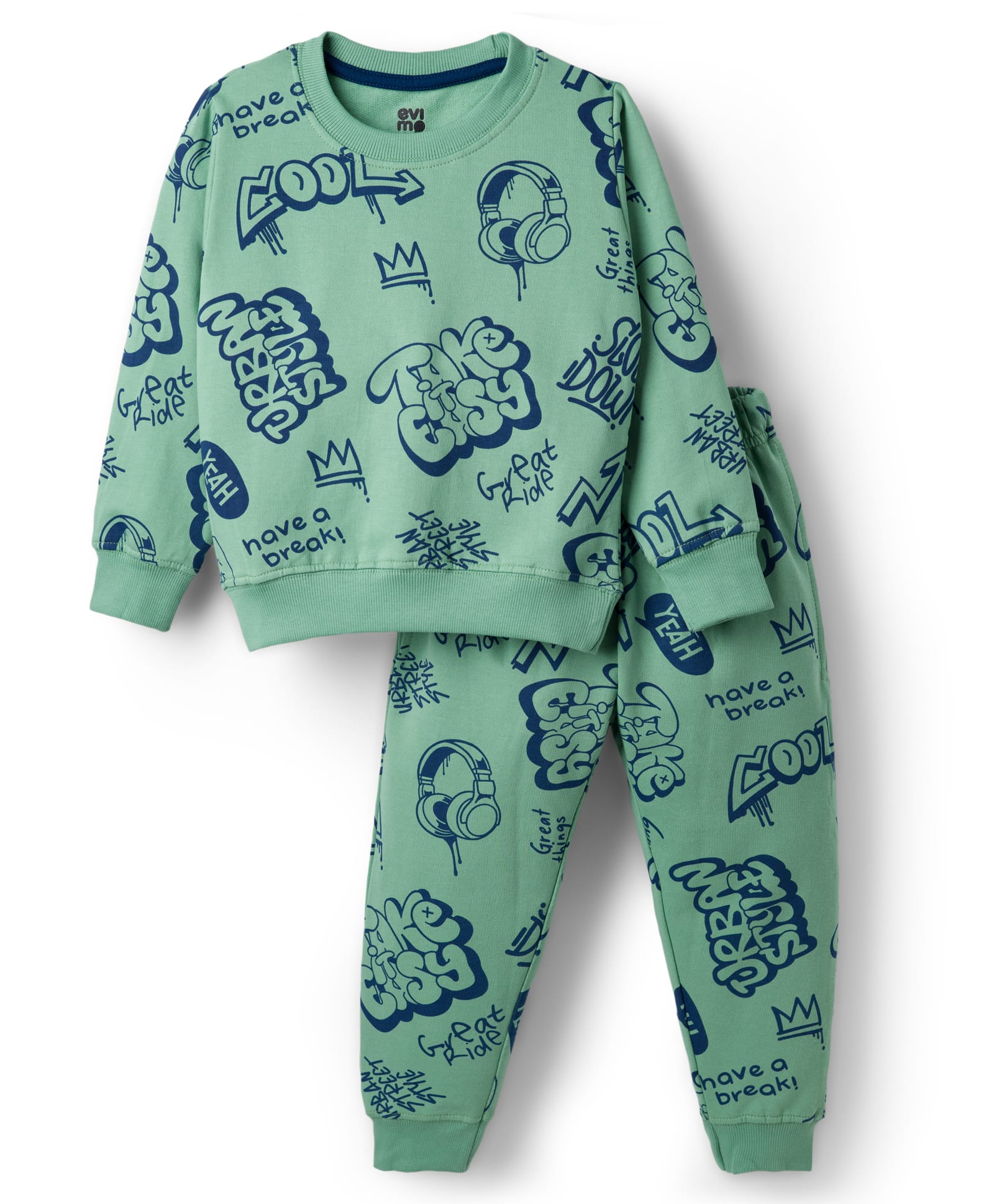 Evimo Looper Knit Full Sleeves Co-ords Winter Wear Suit with Text Print - Green-picture-0