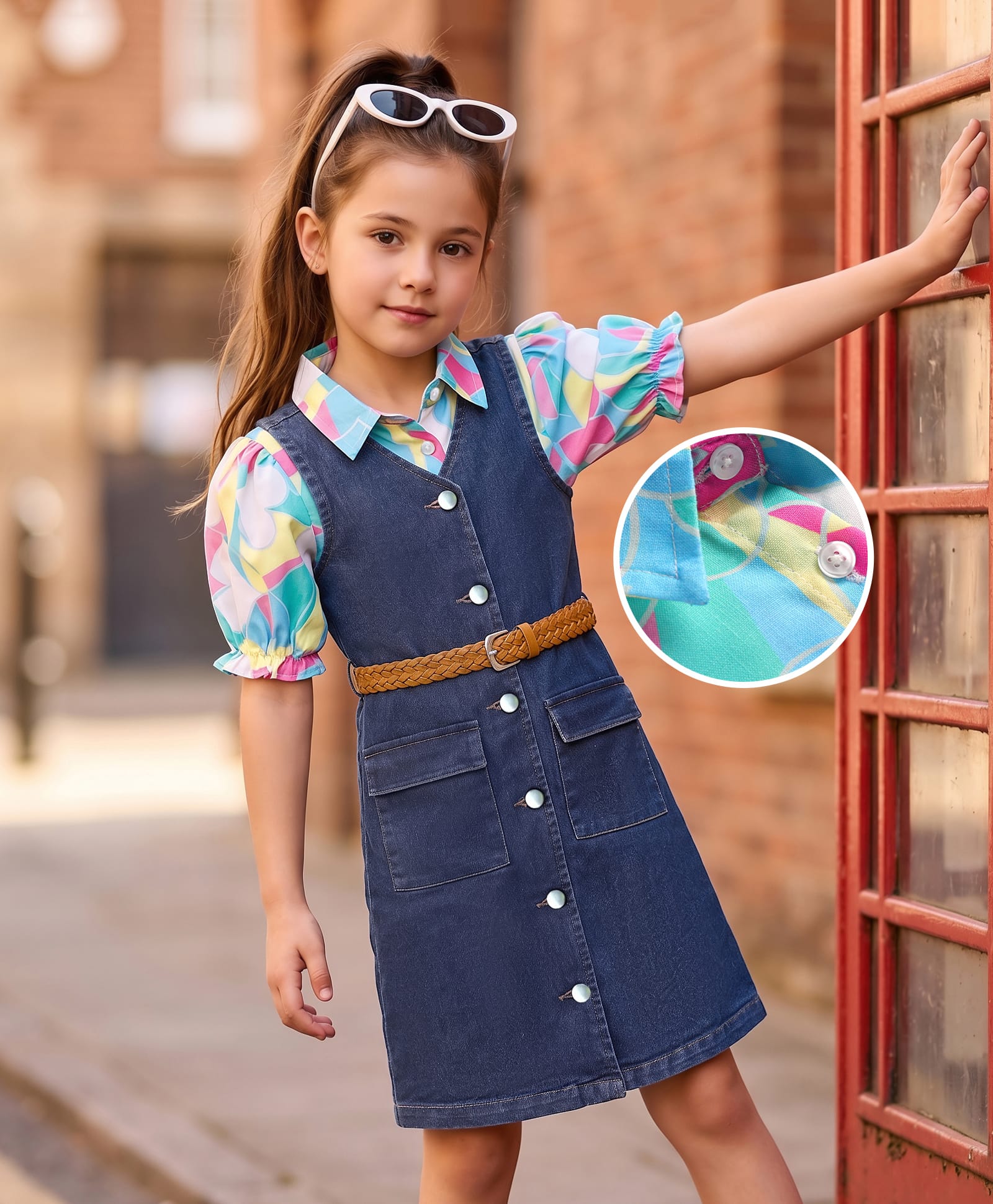 Hola Bonita Cotton Woven Half Puffed Printed Top with Denim Dress & Belt - Blue-image-41