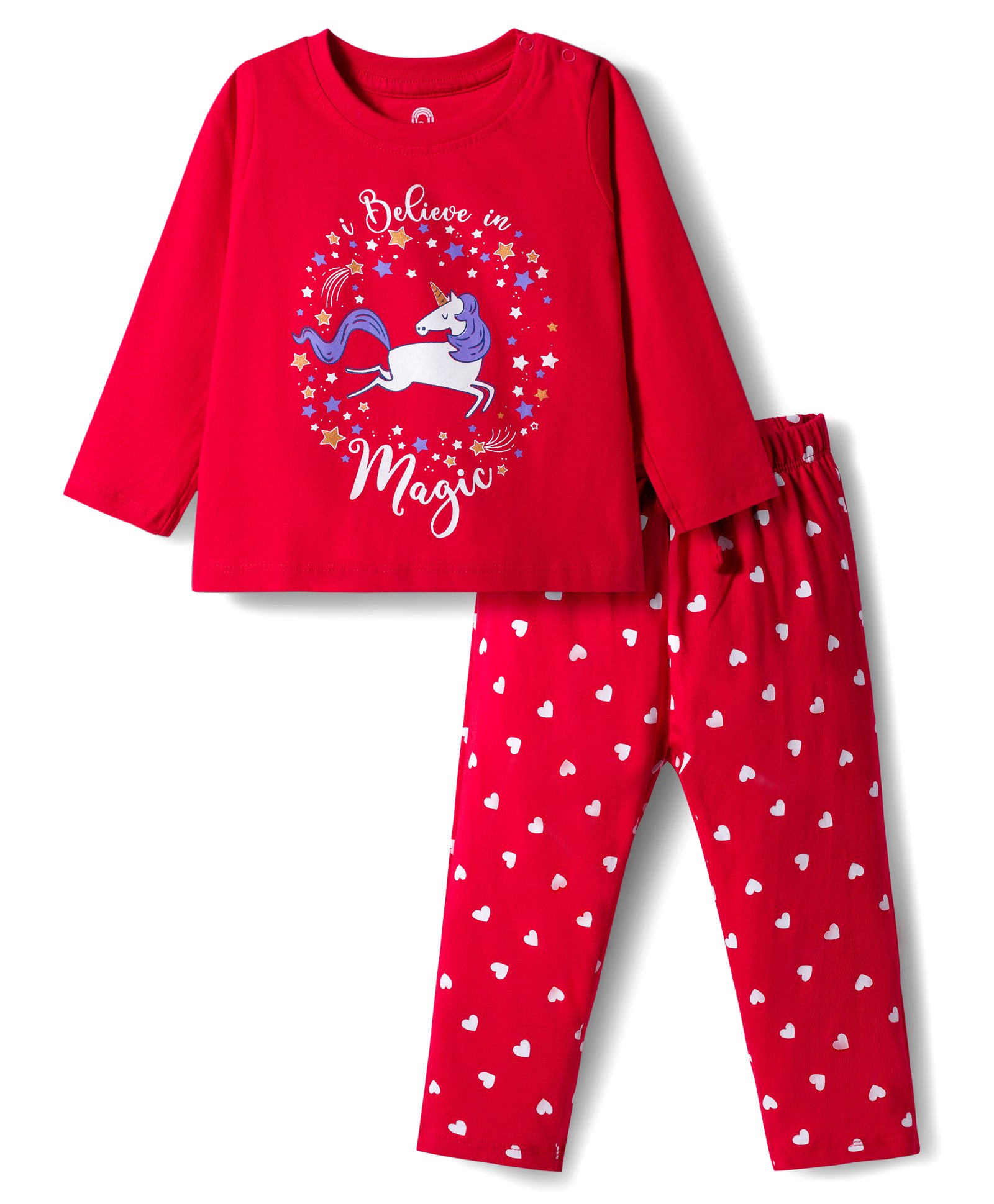 Doodle Poodle Single Jersey Knit Full Sleeves Night Suit With Unicorn Print - Red-image-38