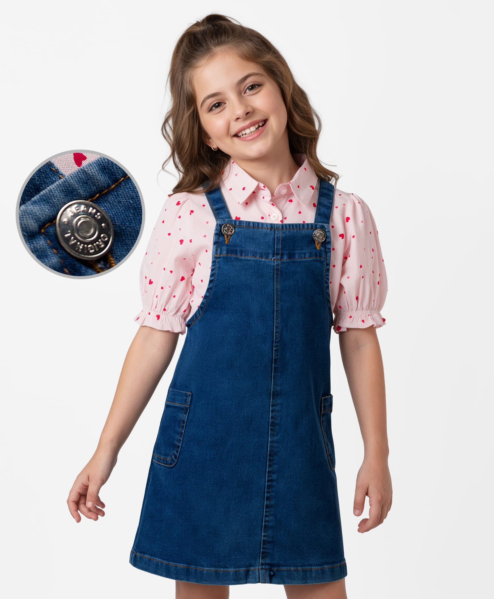 Hola Bonita Woven Full Sleeves Denim Frock With Inner Tee With Heart Print - Blue-image-23