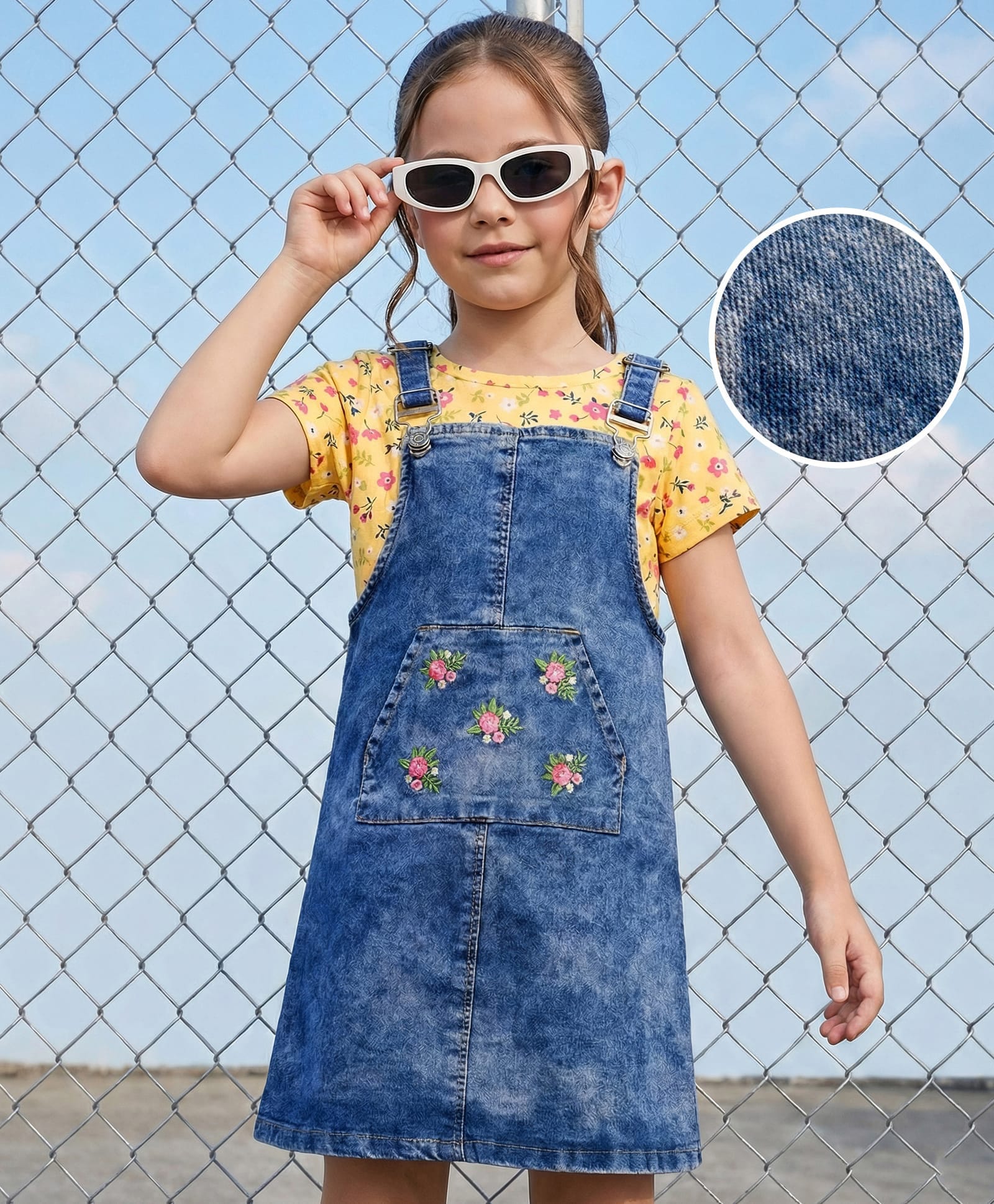 Hola Bonita Woven Denim Dress with Half Sleeves Inner Tee Floral Print & Embroidery - Blue-image-20
