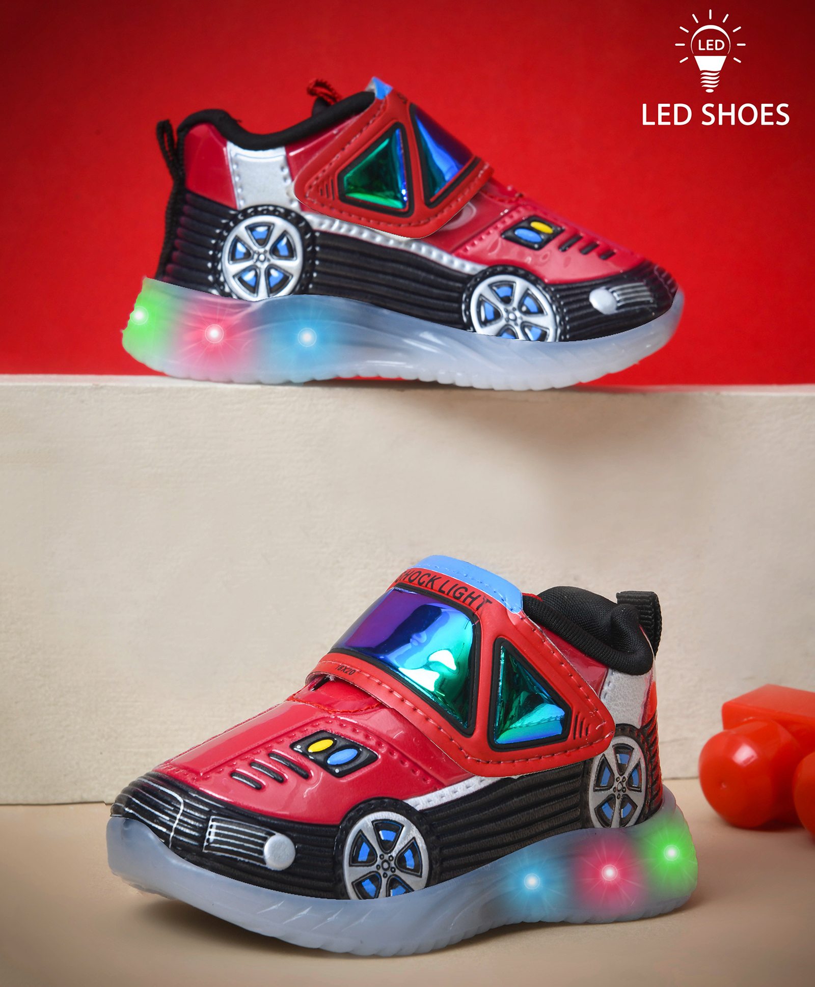 KATS Car Designed With Velcro Closure LED Shoes - Red-image-21