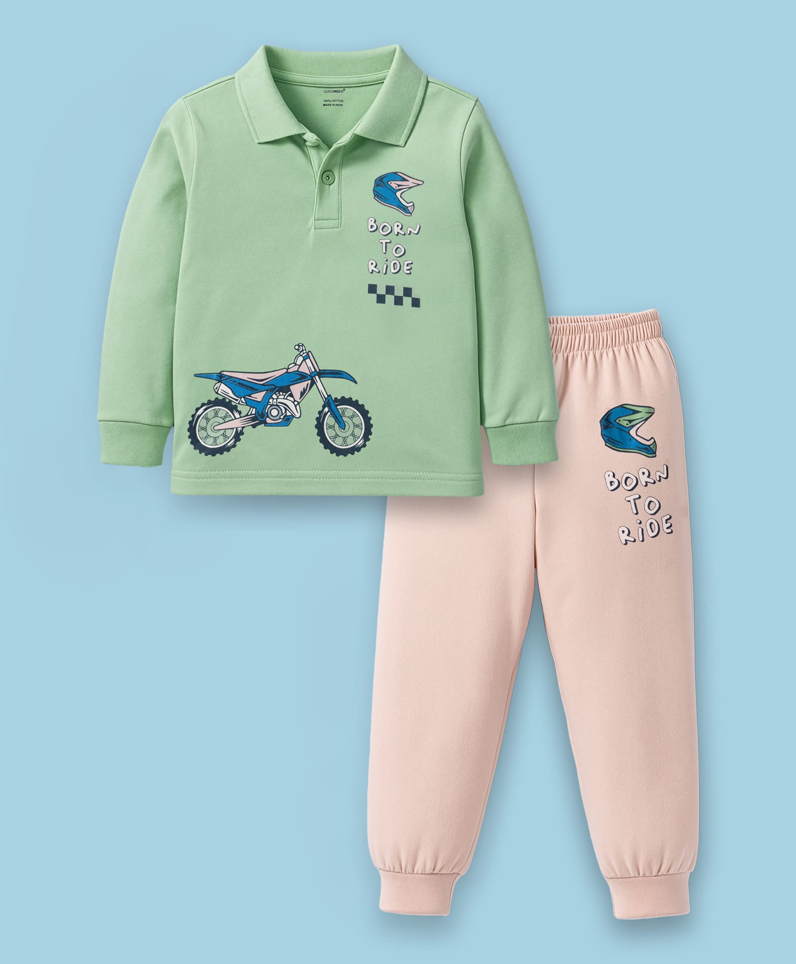 CUCUMBER Sinker Knit Full Sleeves Polo T-Shirt & Joggers Set With Born To Ride Text Print - Light Green & Pink-picture-26
