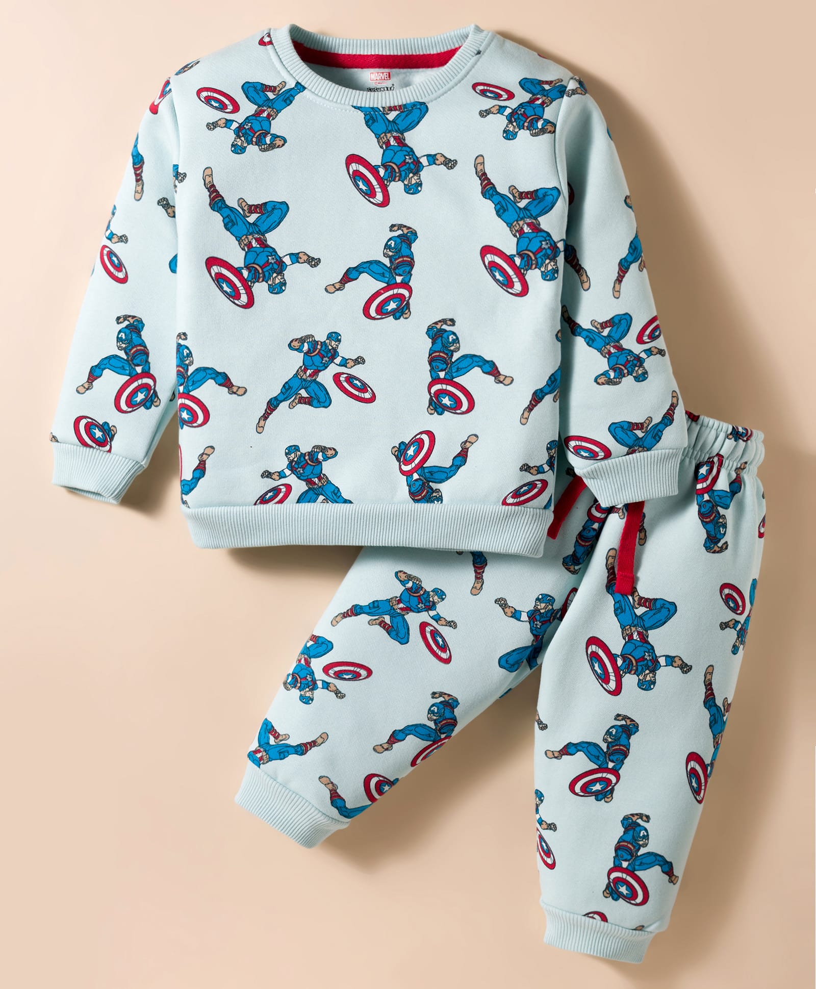 CUCUMBER Sinker Knit Full Sleeves Sweatshirt & Lounge Pant Co-Ord Set with Marvel Avengers Captain America Print - Light Blue-picture-2
