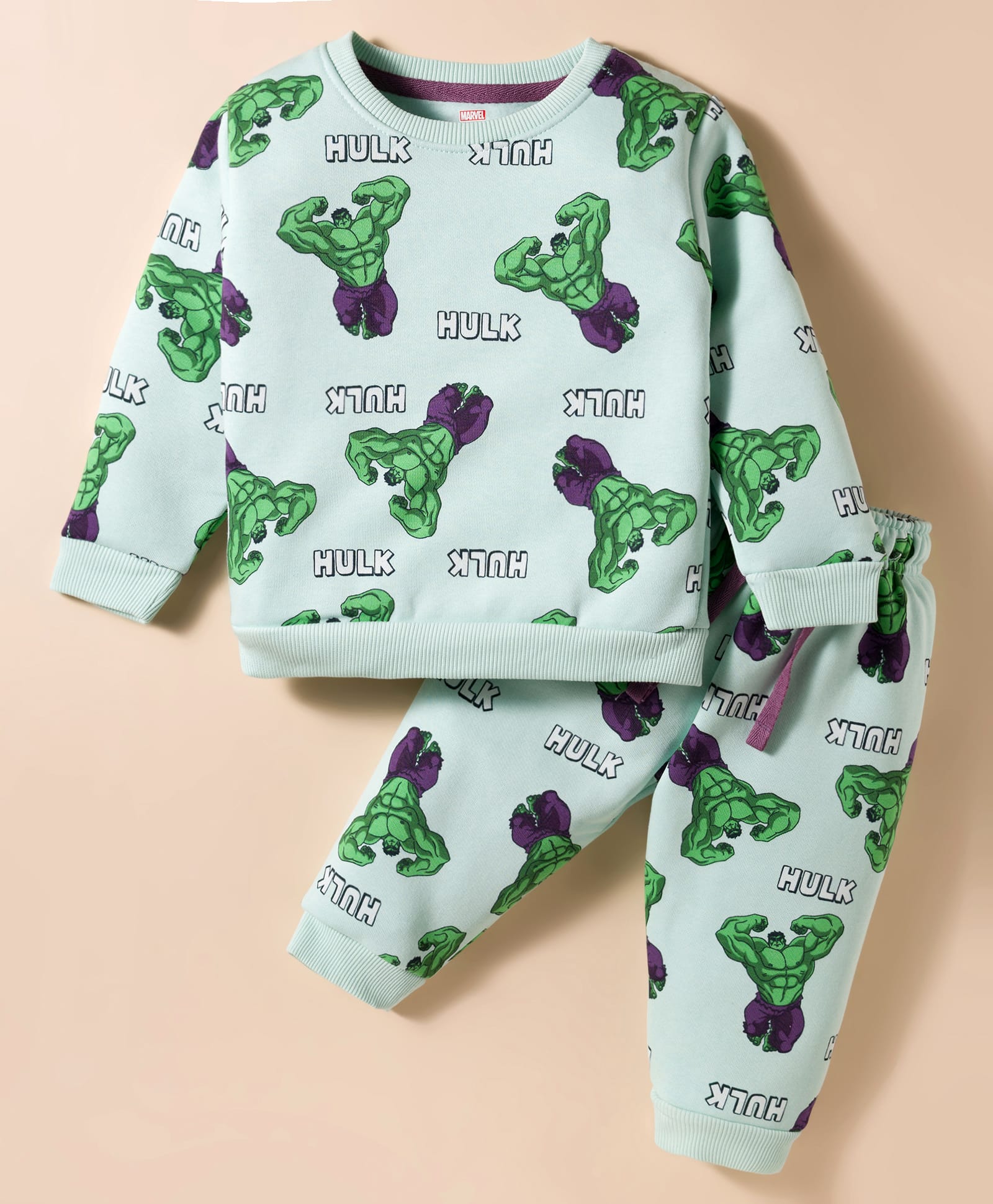 CUCUMBER Sinker Knit Full Sleeves Sweatshirt & Lounge Pant Co-Ord Set with Marvel Avenger Hulk Print - Sea Green-image-16